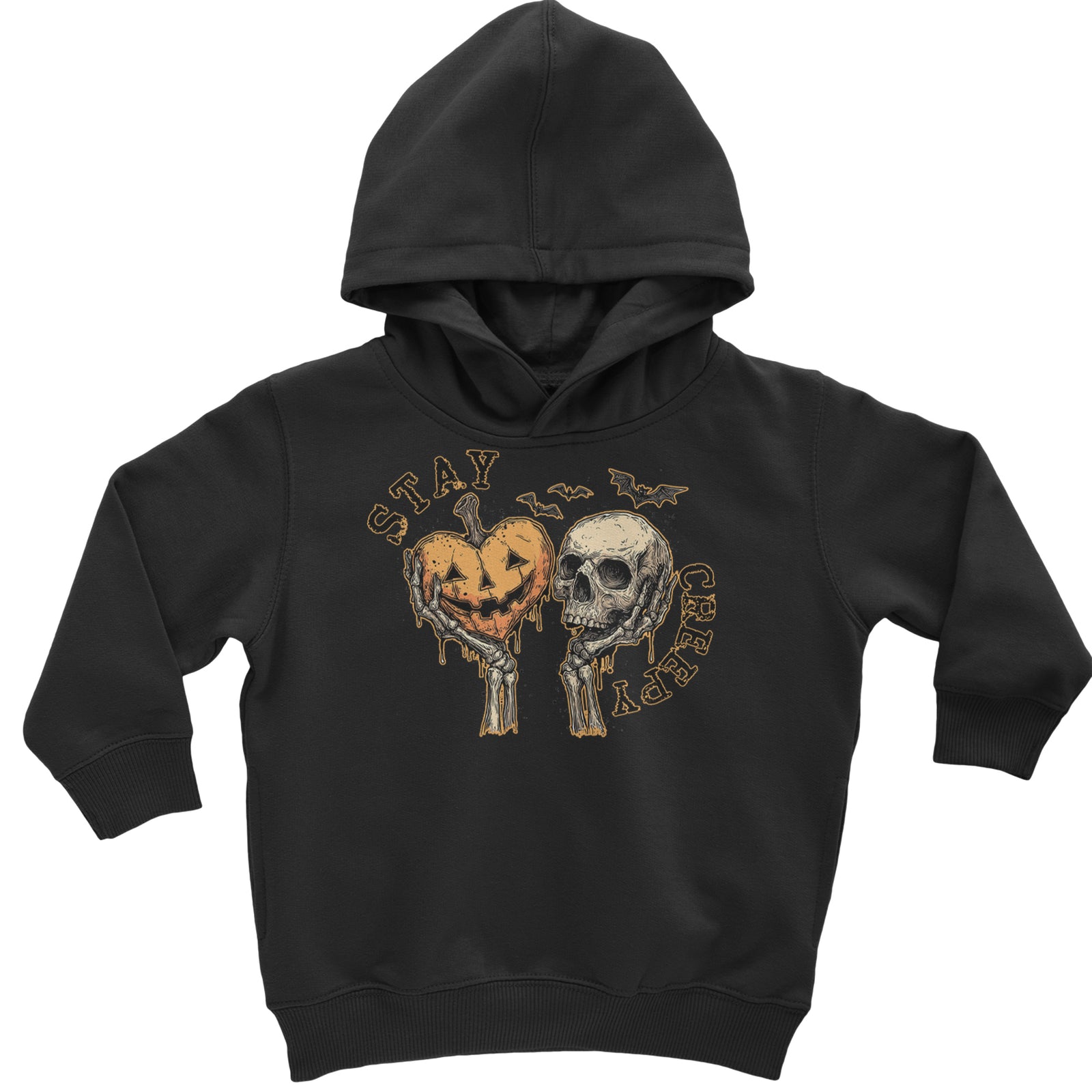 Stay Creepy Skull and Pumpkin Halloween Toddler Hoodie Or Infant Fleece Romper Black