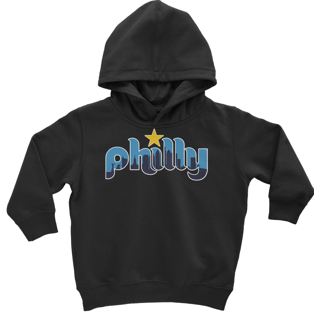 Skyline Philly Philadelphia graphic on Toddler Hoodie and Baby Fleece Onesie in Black