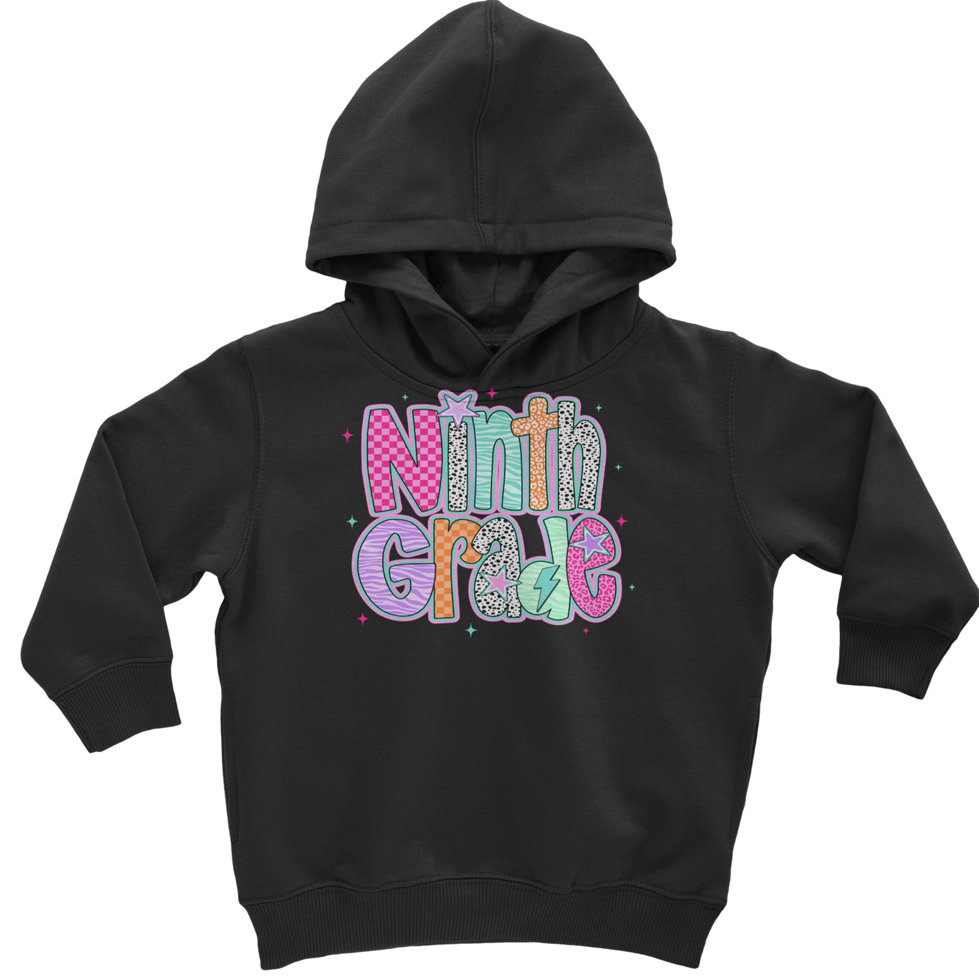 Ninth Grade Freshman Vibes Colorful Back to School Toddler Hoodie Or Infant Fleece Romper Black