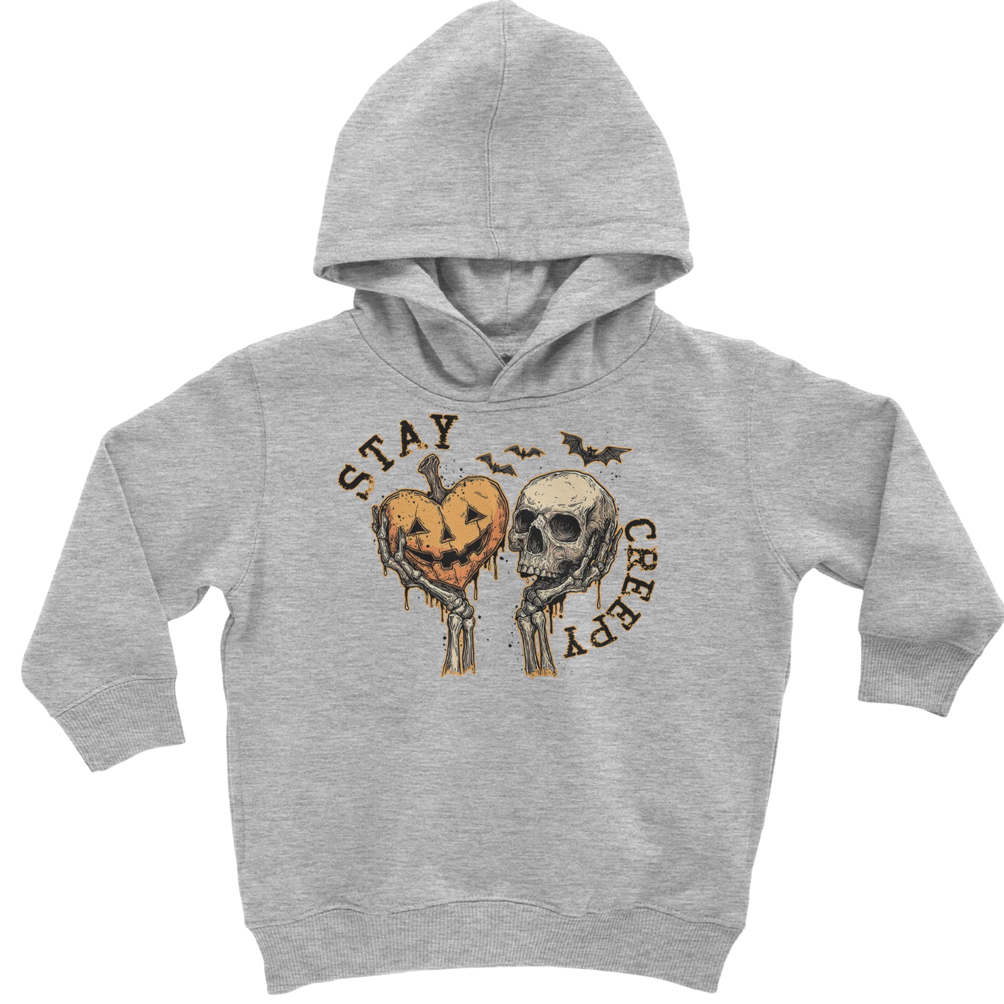 Stay Creepy Skull and Pumpkin Halloween Toddler Hoodie Or Infant Fleece Romper Heather Grey
