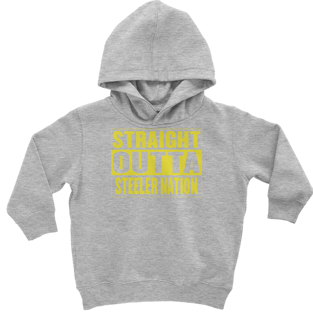 Straight Outta Steeler Nation Football graphic on Toddler Hoodie and Baby Fleece Onesie in Heather Grey