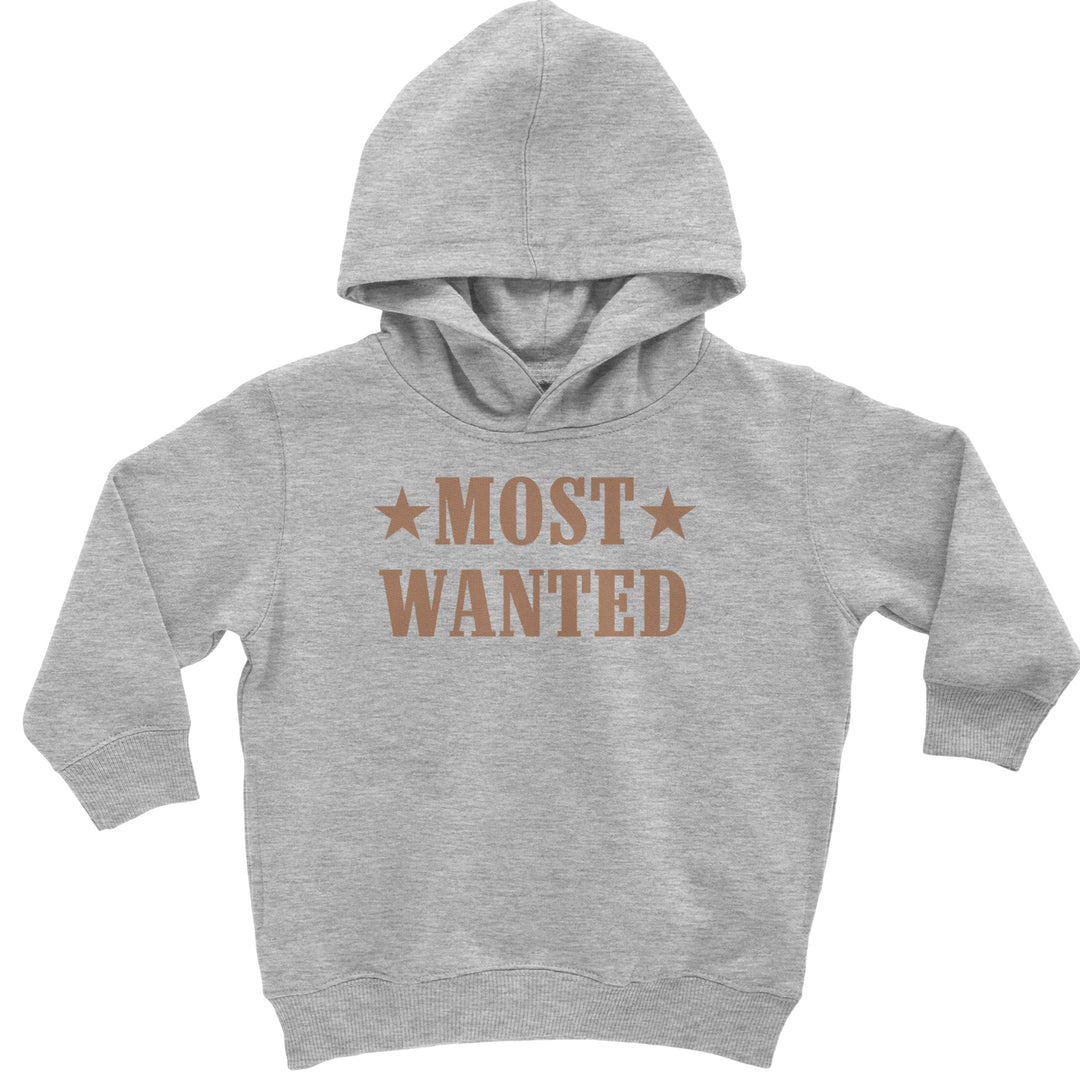 Most Wanted Cowboy poster-style typography with star icons on a toddler pullover fleece hoodie and infant footless fleece one-piece