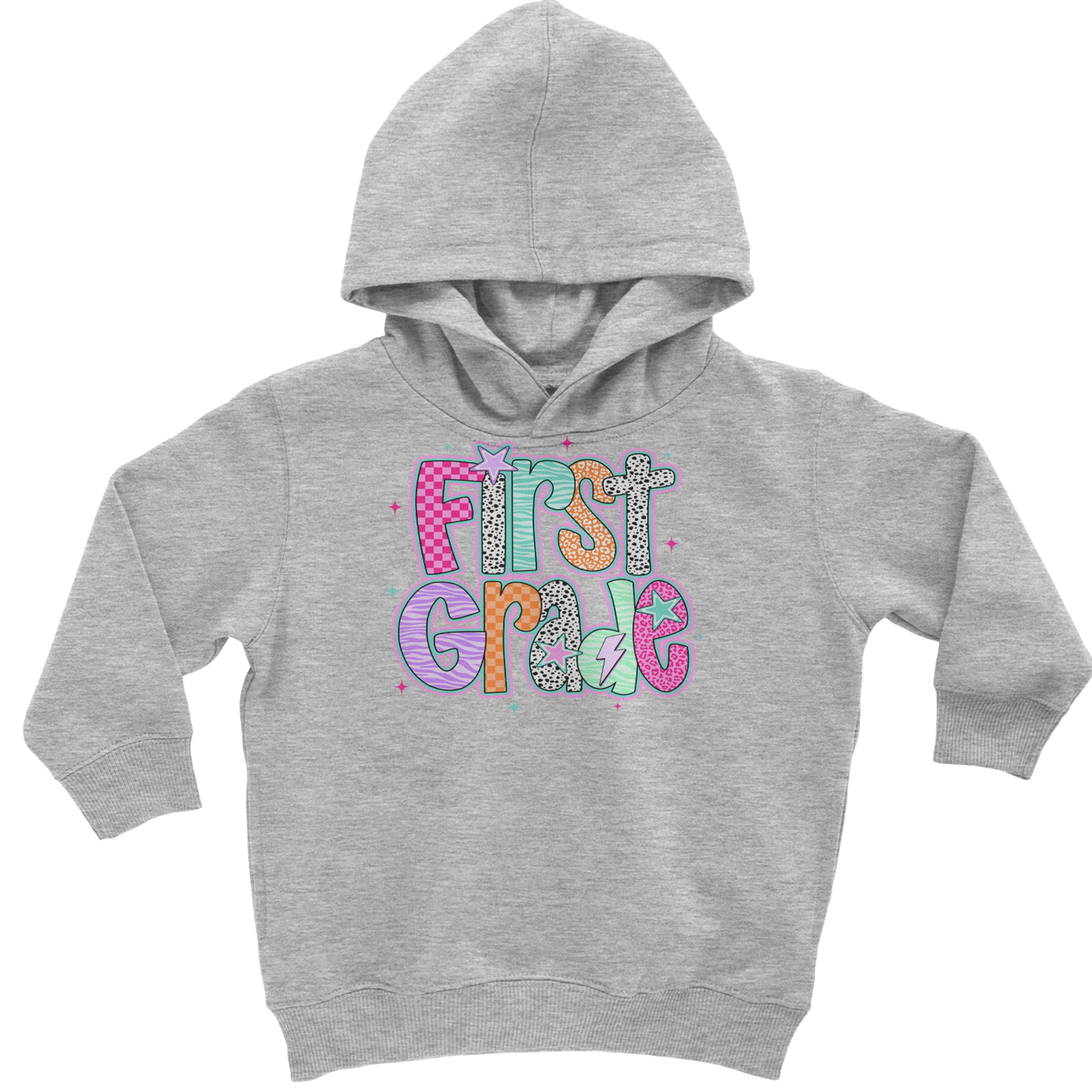 First Grade Vibes Colorful Back to School Toddler Hoodie Or Infant Fleece Romper Heather Grey