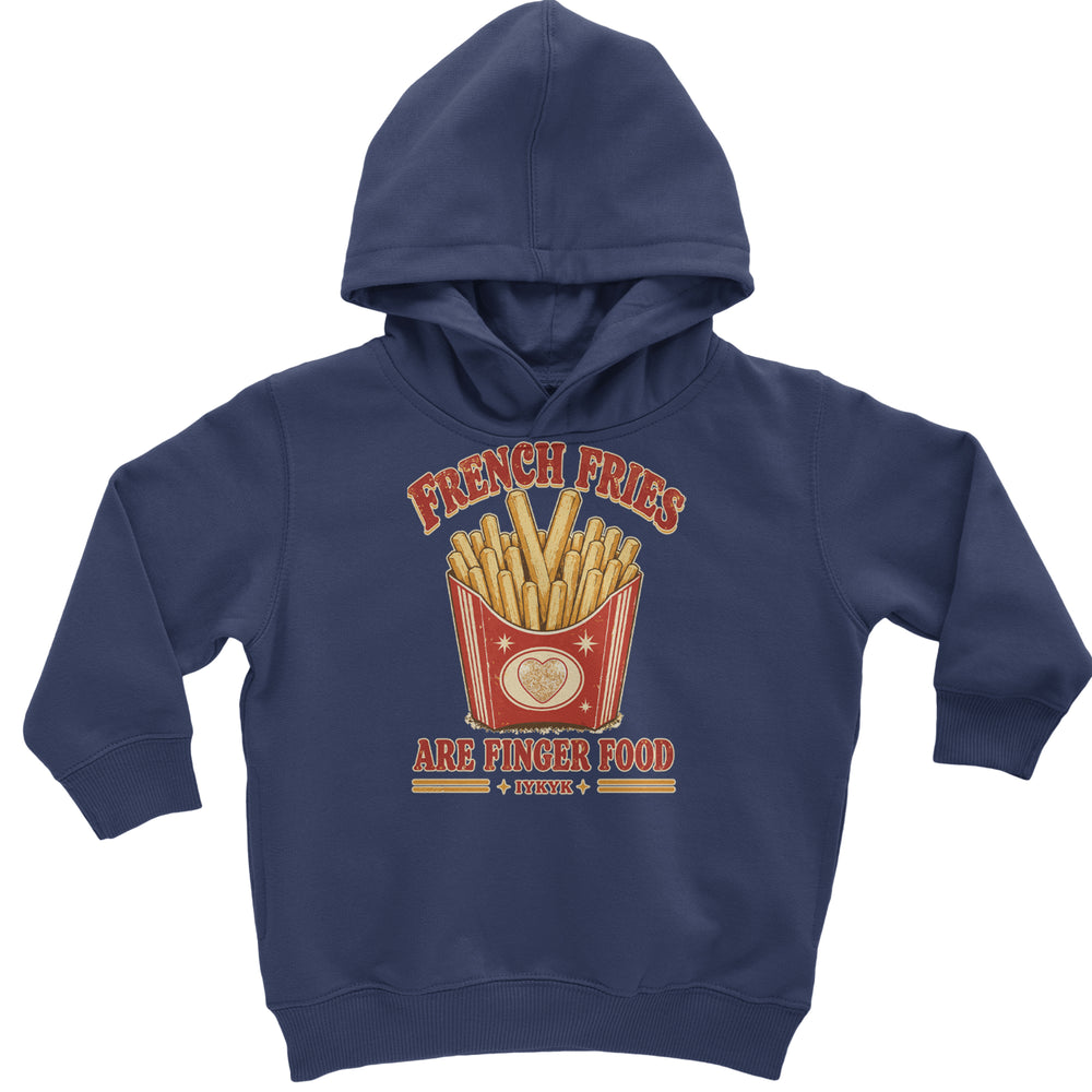 French Fries Are Finger Food IYKYK graphic on Toddler Hoodie and Baby Fleece Onesie in Navy Blue