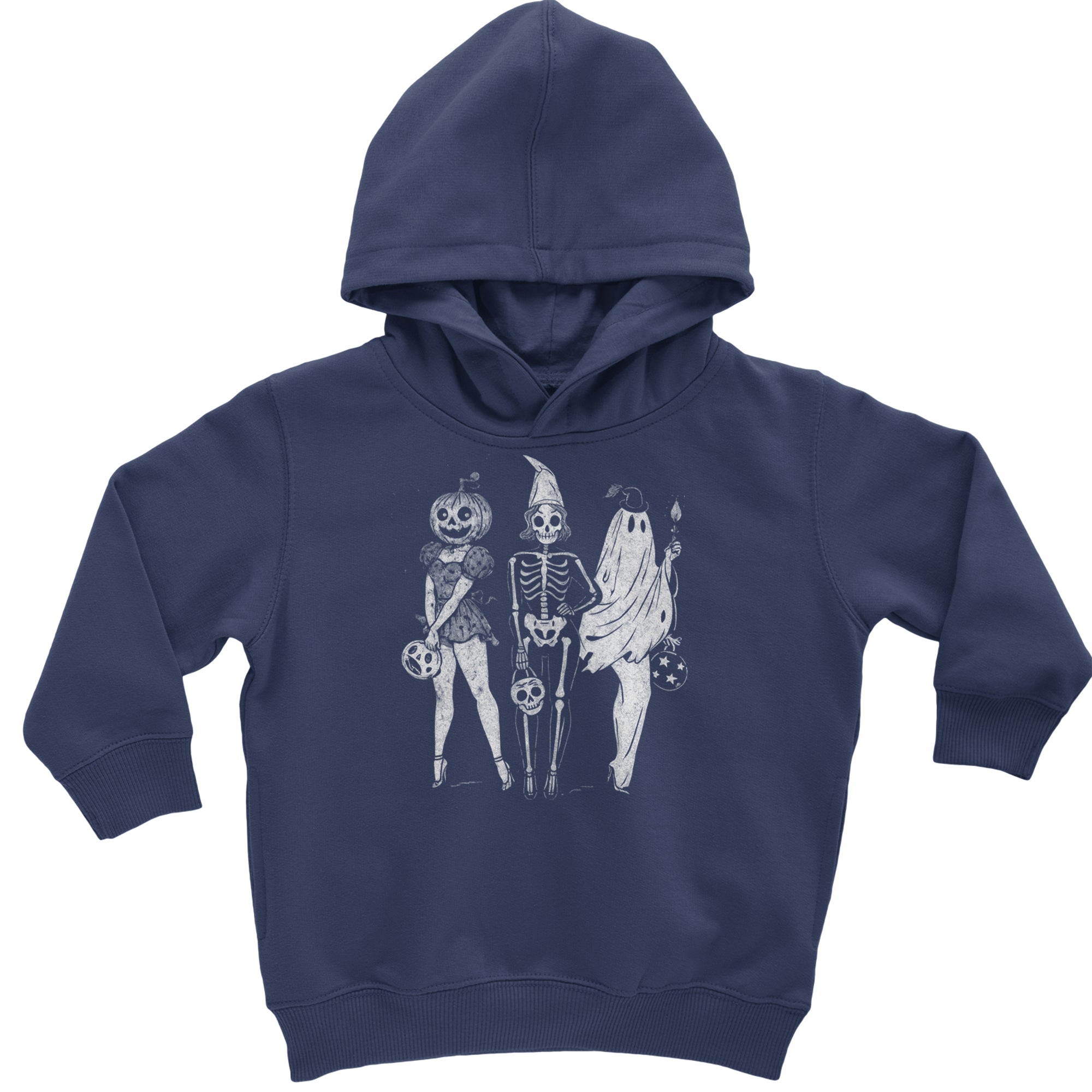 Vintage Spooky Squad Pinup Halloween Design Toddler Hoodie Or Infant Fleece Romper Navy Blue