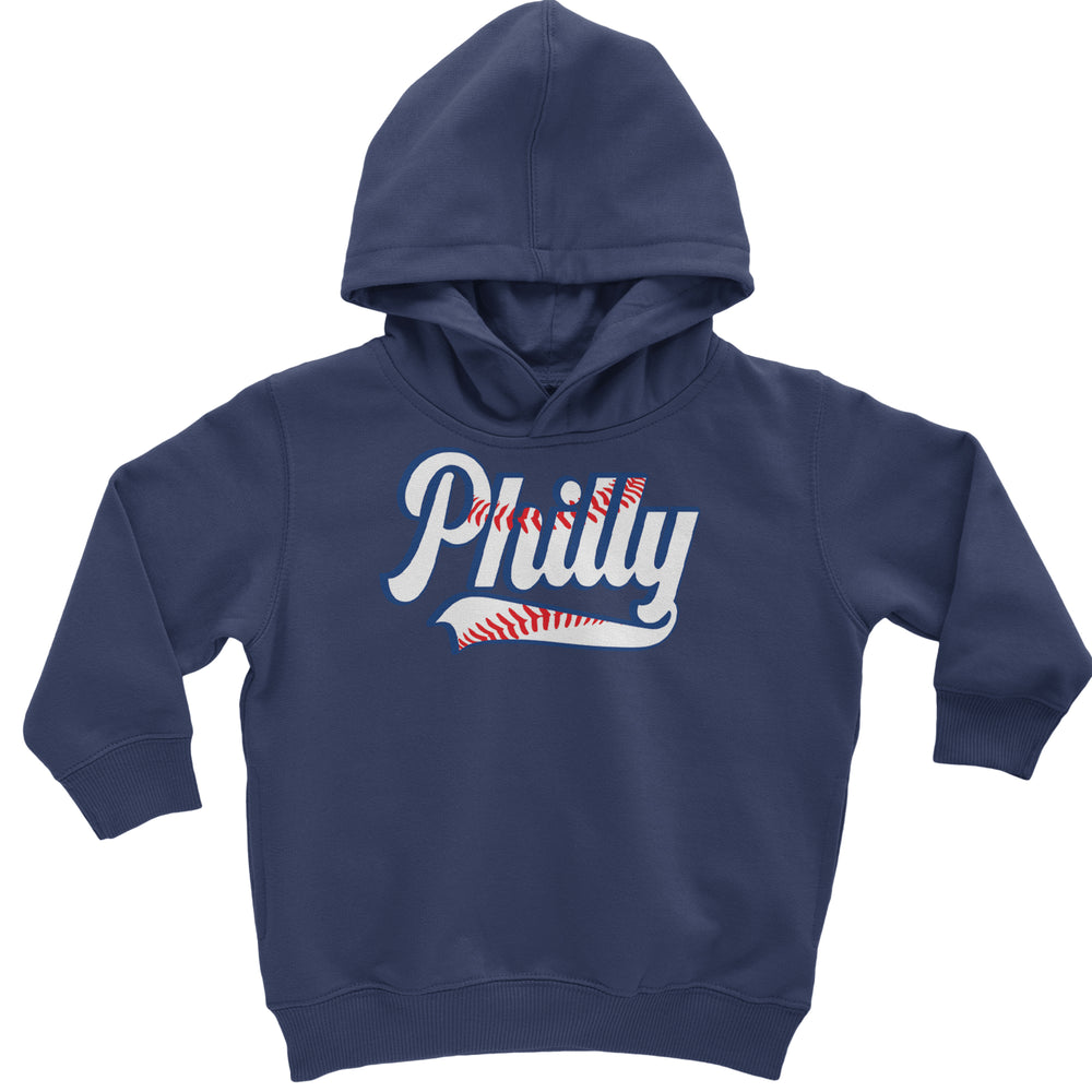 Philly Baseball Stitching graphic on Toddler Hoodie and Baby Fleece Onesie in Navy Blue