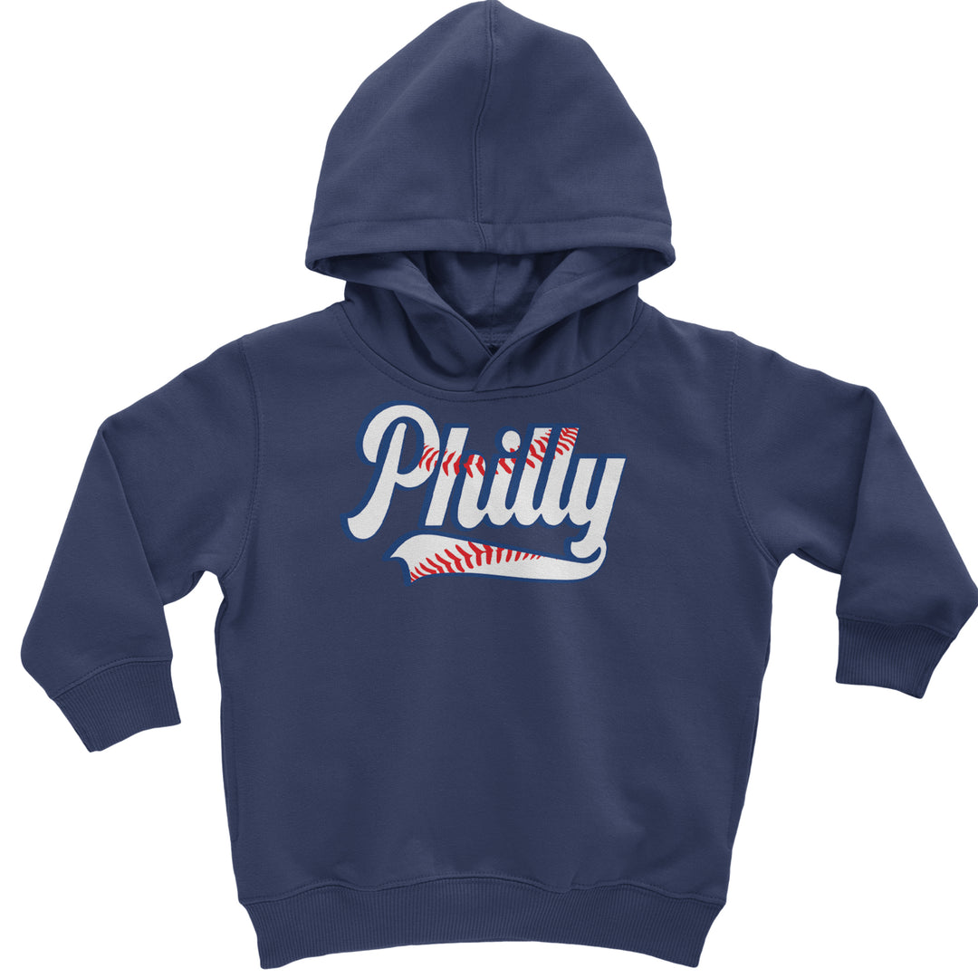 Philly Baseball Stitching graphic on Toddler Hoodie and Baby Fleece Onesie in Navy Blue