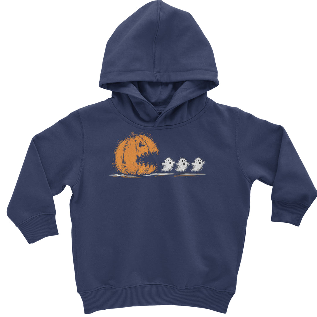 Pumpkin Pacman Chasing Ghosts Halloween Toddler Hoodie Or Infant Fleece Romper Navy Blue