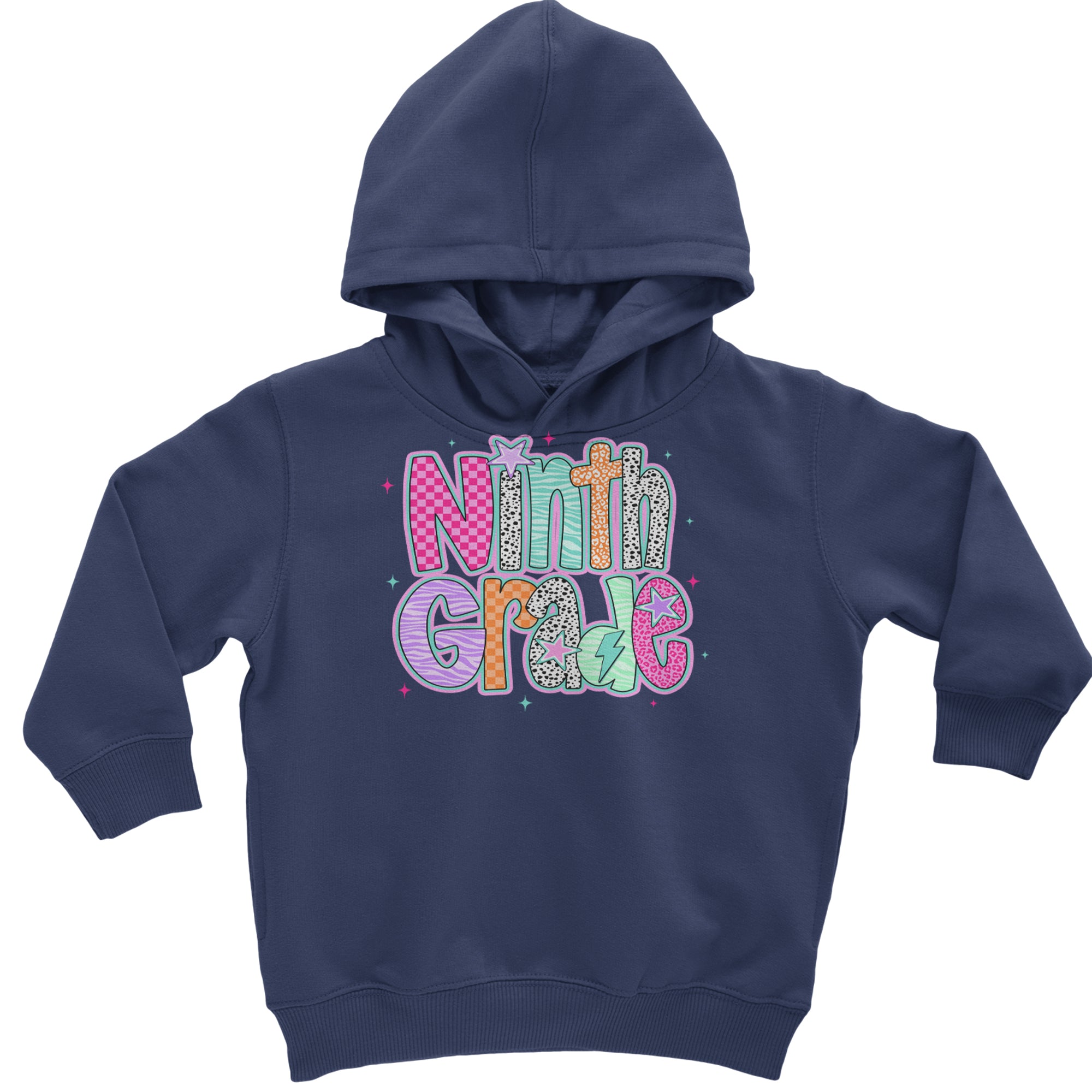 Ninth Grade Freshman Vibes Colorful Back to School Toddler Hoodie Or Infant Fleece Romper Navy Blue