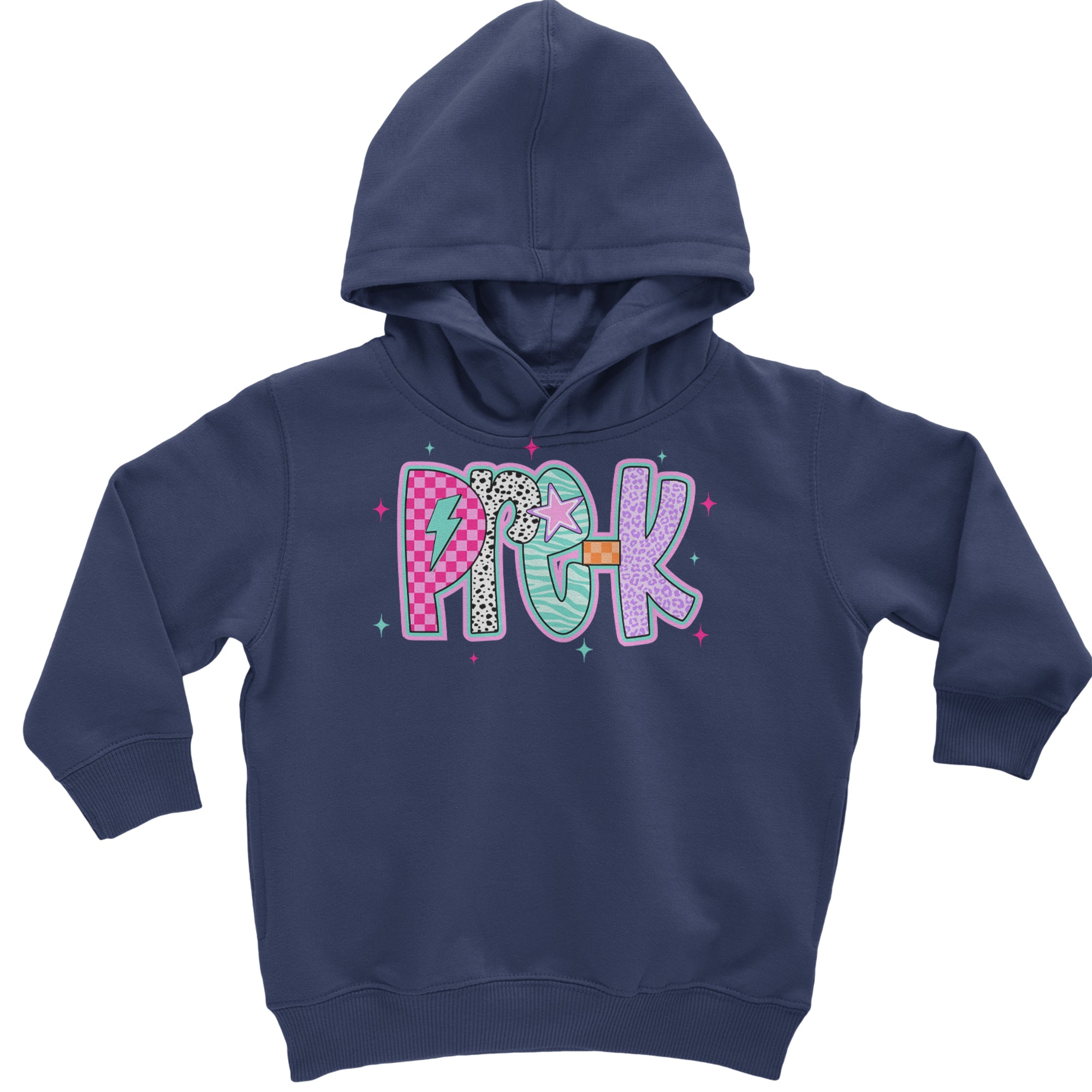Pre-K Party Time Colorful Back to School Toddler Hoodie Or Infant Fleece Romper Navy Blue