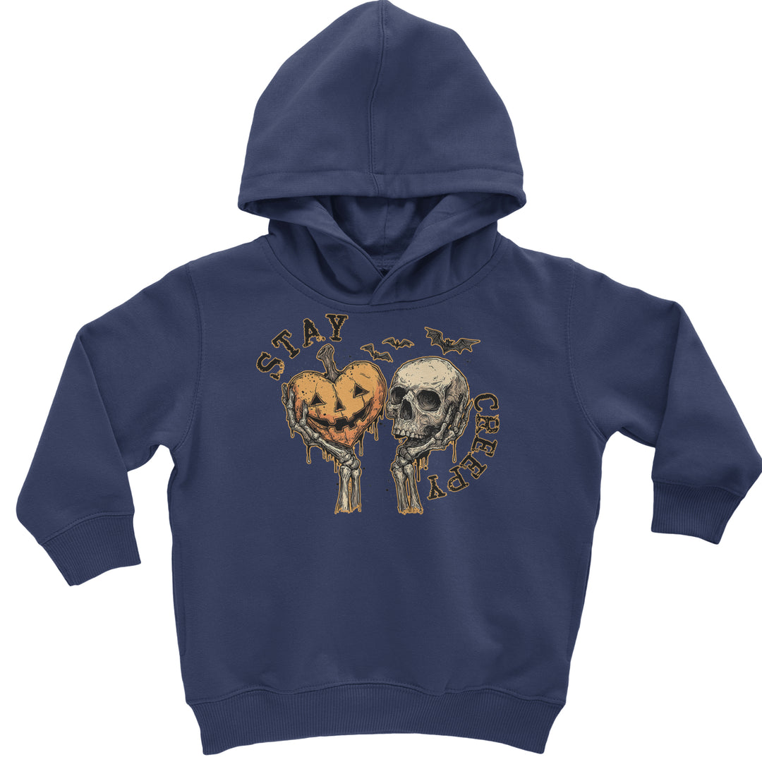 Stay Creepy Skull and Pumpkin Halloween Toddler Hoodie Or Infant Fleece Romper Navy Blue