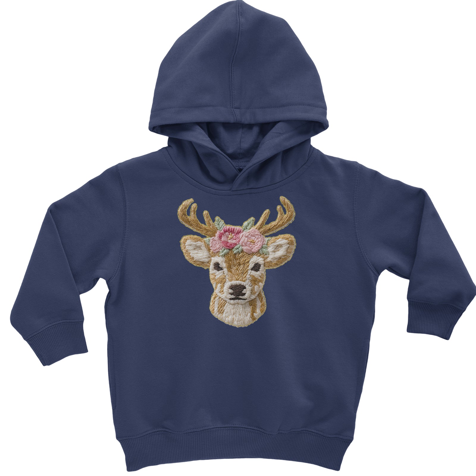Vintage Reindeer Embroidery Art Soft Cottagecore Toddler Hoodie Or Infant Fleece Romper Navy Blue