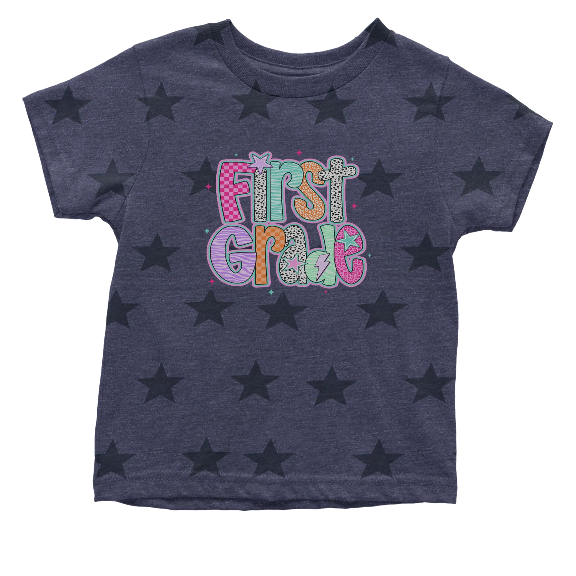 First Grade Vibes Colorful Back to School Infant One-Piece Romper Bodysuit Or Toddler T-shirt Navy Blue STAR