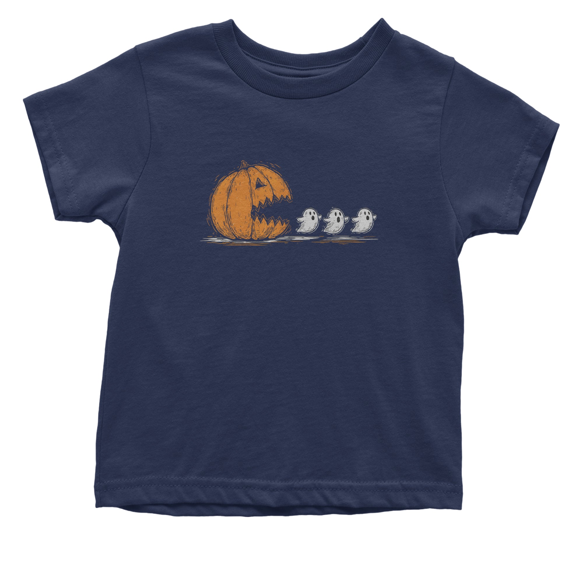Pumpkin Pacman Chasing Ghosts Halloween Infant One-Piece Romper Bodysuit Or Toddler T-shirt Navy Blue