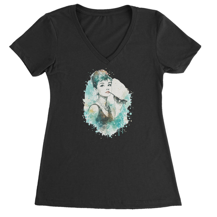 Mrs. Herpburn Iconic Watercolors Ladies V-Neck T-shirt