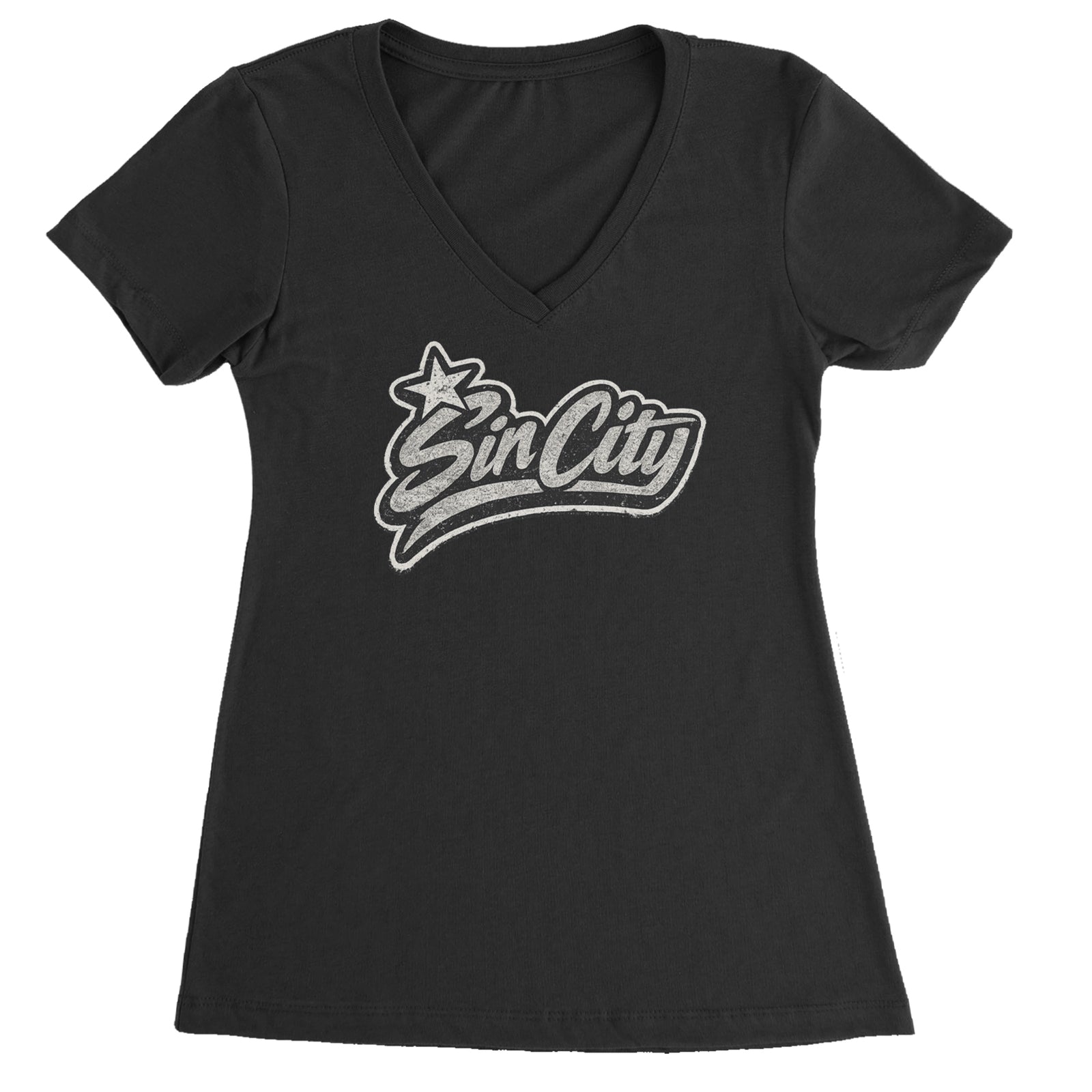 Sin City Vegas Retro Vintage Ladies V-Neck T-shirt Black