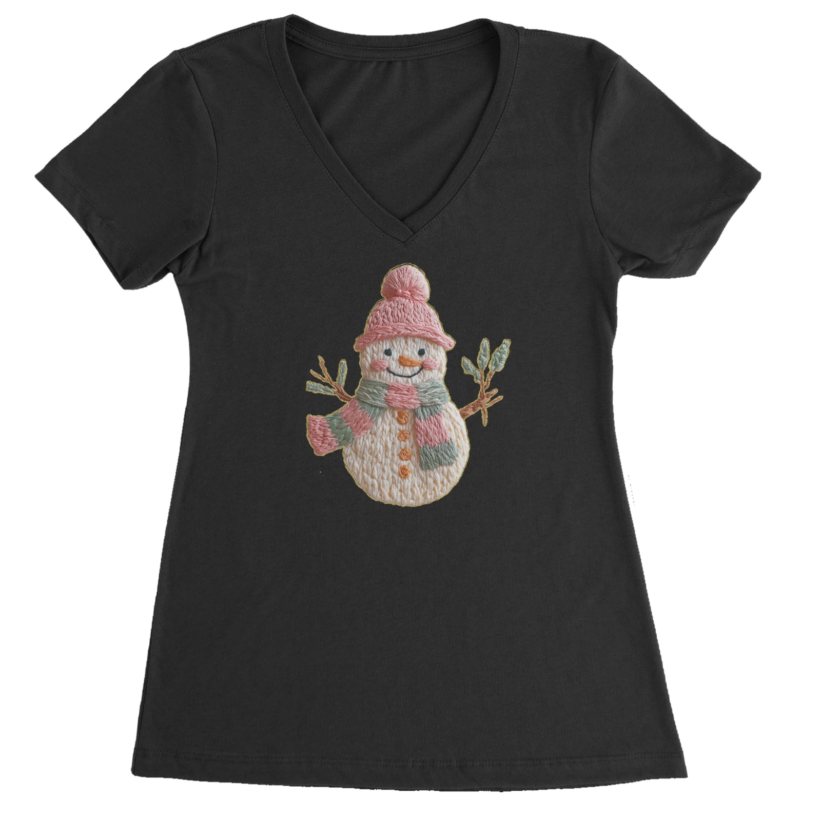 Vintage Snowman Embroidery Art Soft Cottagecore Ladies V-Neck T-shirt Cotton Candy