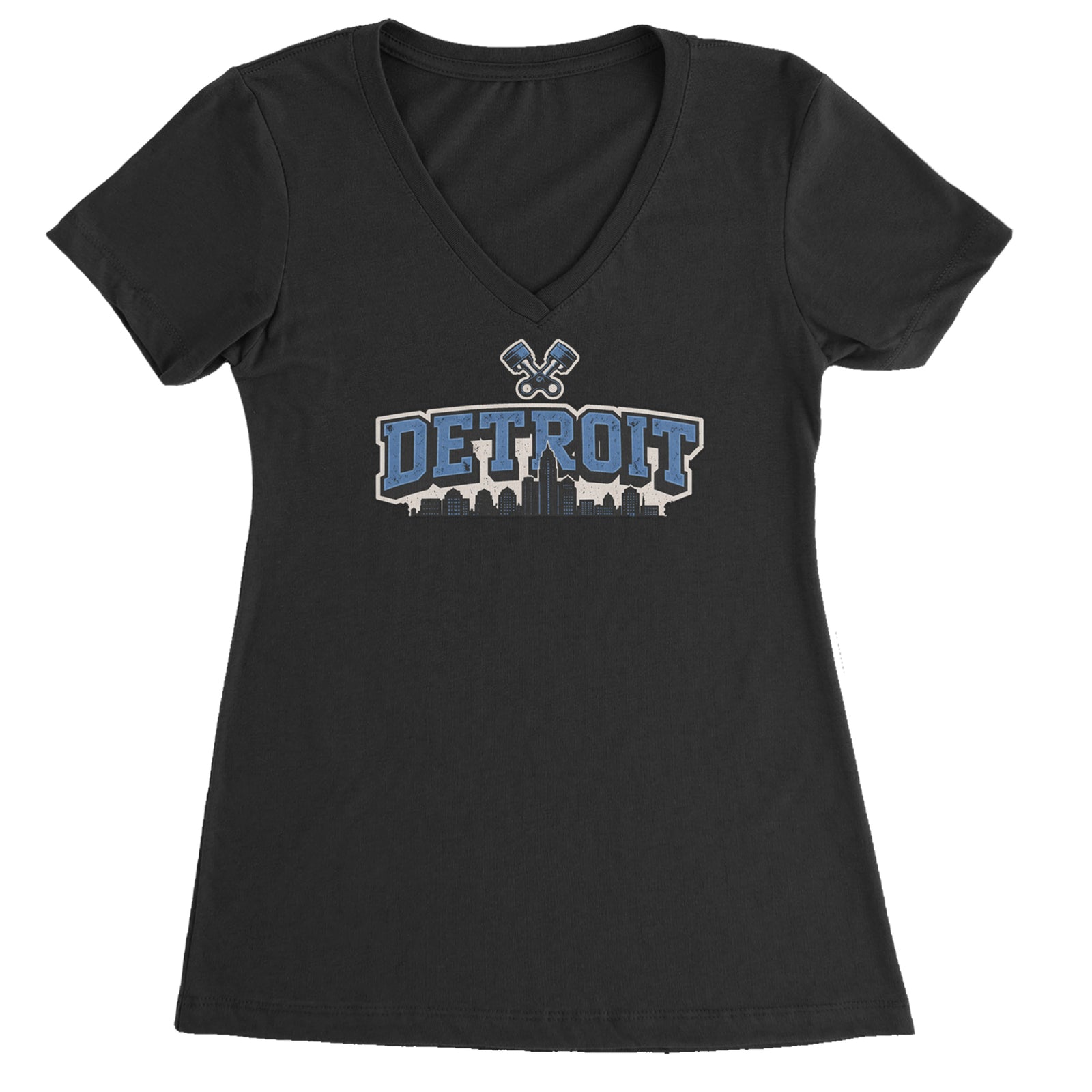 Detroit Motor City Retro Piston Ladies V-Neck T-shirt Black