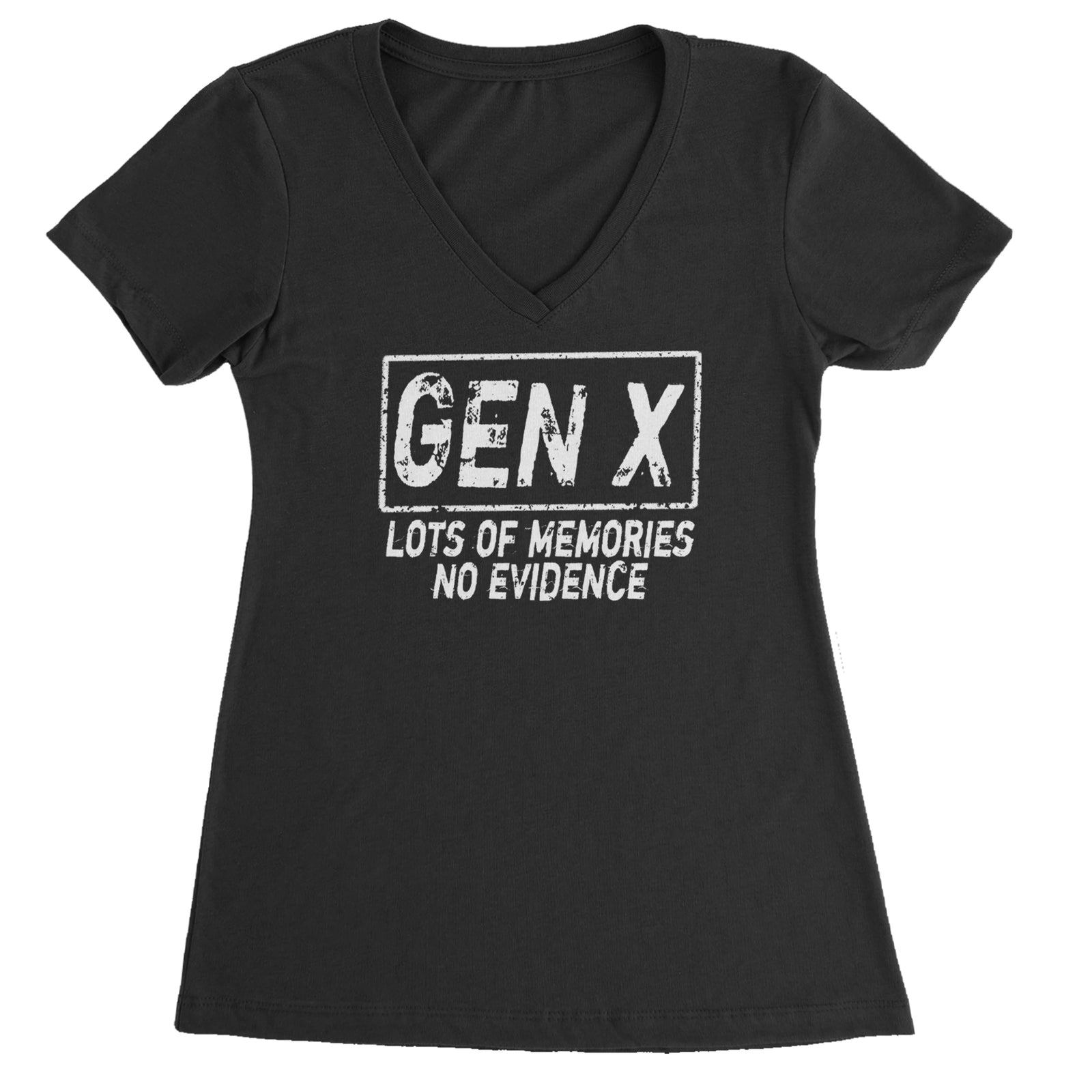 Gen X Lots of Memories No Evidence Nostalgia Ladies V-Neck T-shirt Black
