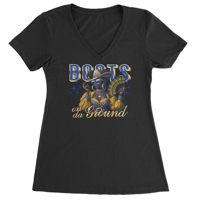 Boots On Da Ground Folding Fan Ladies V-Neck T-shirt