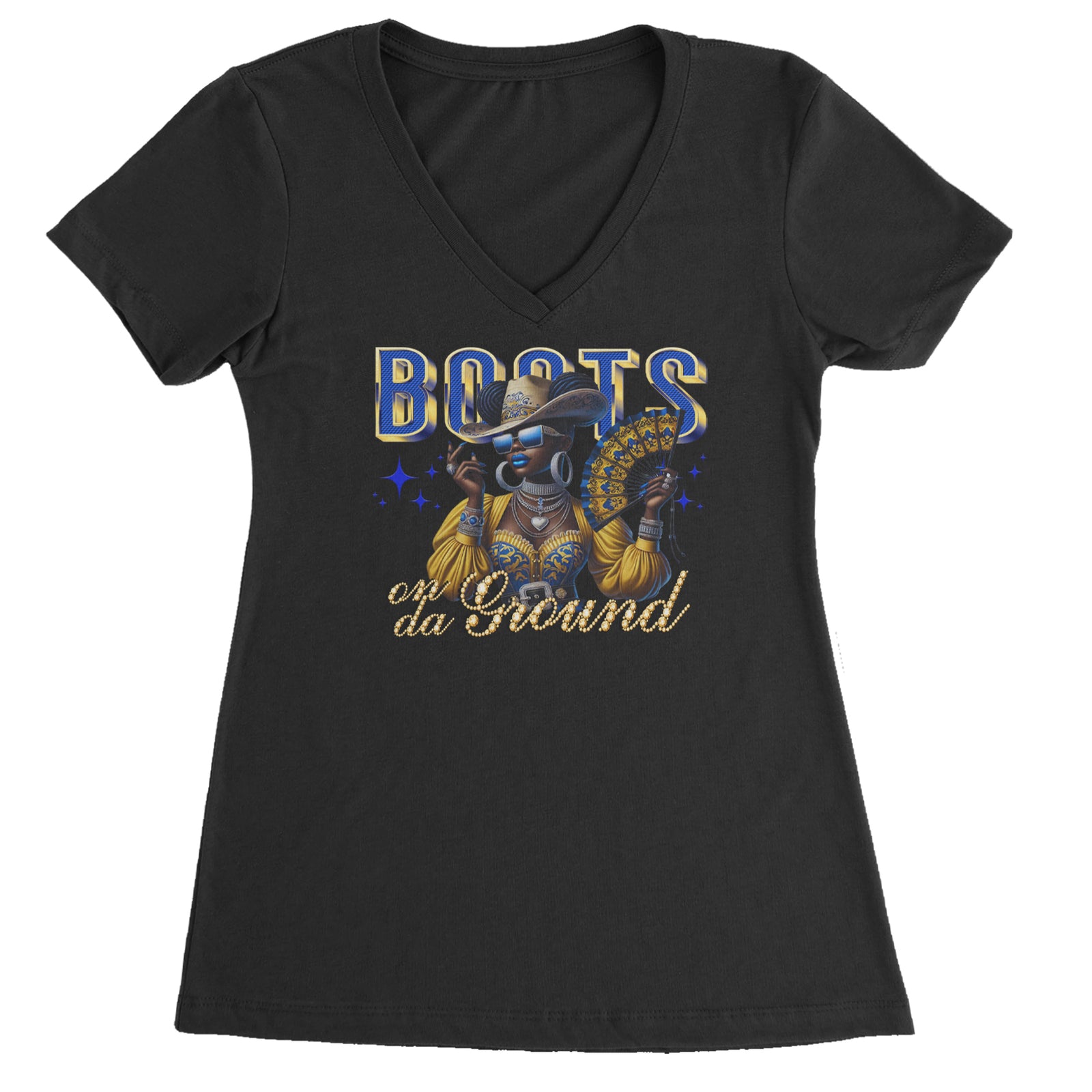 Boots On Da Ground Folding Fan Ladies V-Neck T-shirt Black