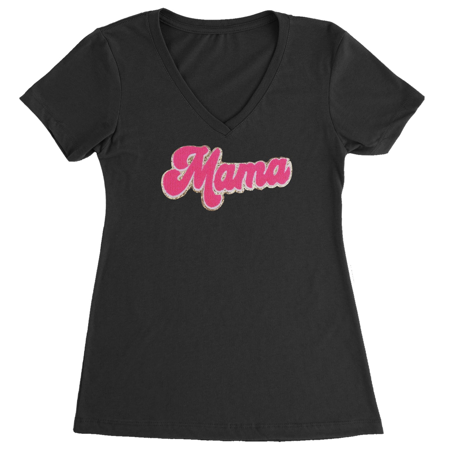 Mama Hot Pink Glitter Chenille Patch Ladies V-Neck T-shirt Light Pink