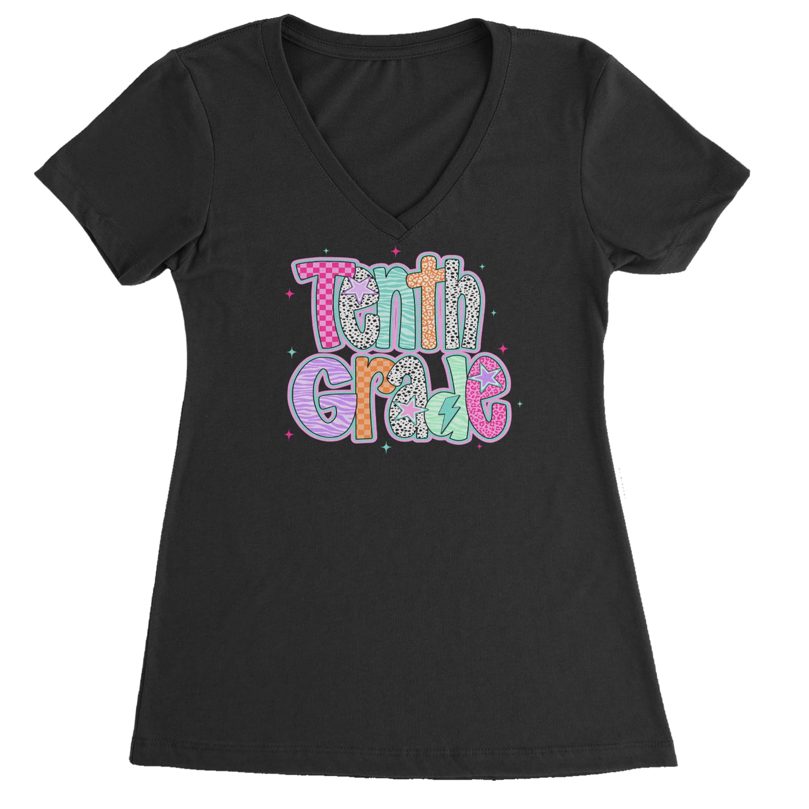 Tenth Grade Trendsetter Colorful Back to School Ladies V-Neck T-shirt Black