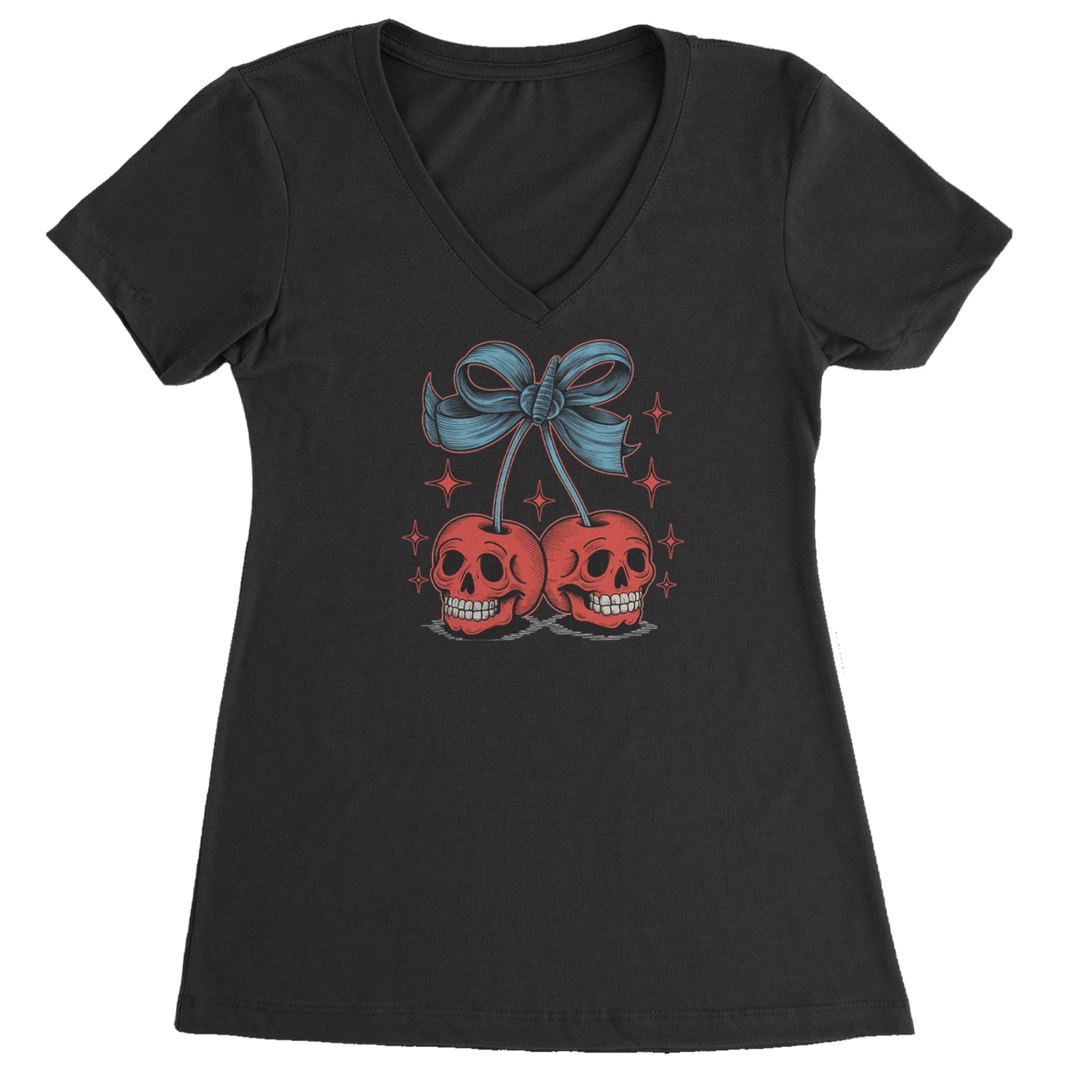 Cherry Skulls Retro Tattoo Ladies V-Neck T-shirt White