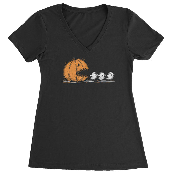Pumpkin Pacman Chasing Ghosts Halloween Ladies V-Neck T-shirt
