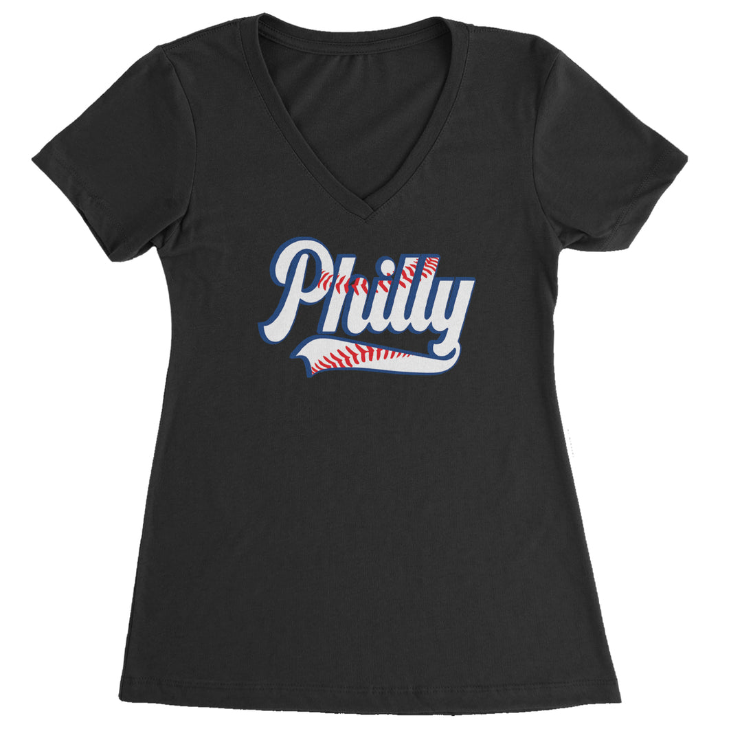 Philly Baseball Stitching graphic on Women's Lightweight V-Neck T-Shirt in Black