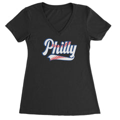 Philly Baseball Stitching graphic on Women's Lightweight V-Neck T-Shirt in Black