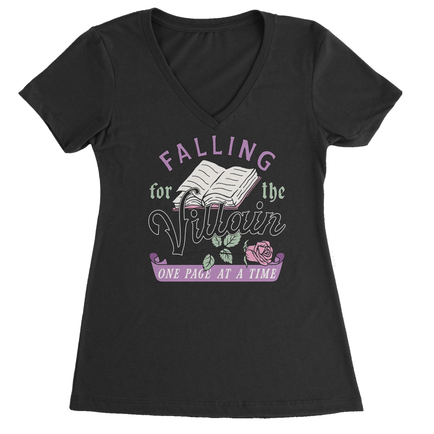 Falling For The Villain One Page At A Time Ladies V-Neck T-shirt Black