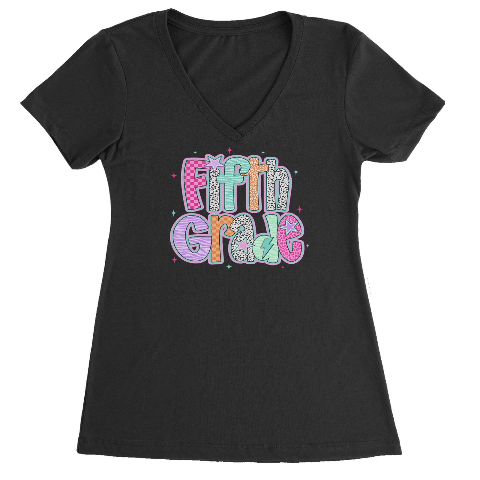 Fifth Grade Fly Colorful Back to School Ladies V-Neck T-shirt Black
