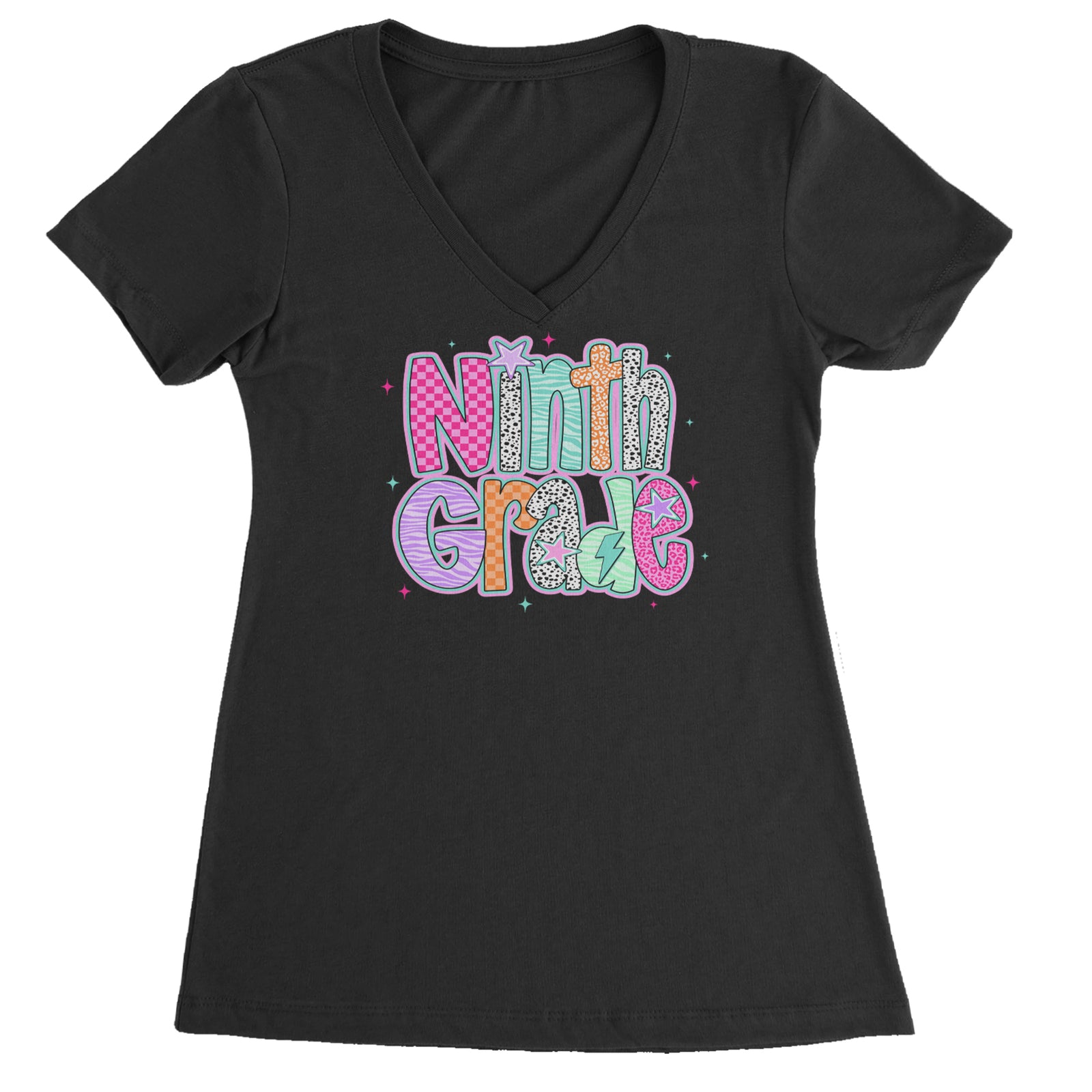 Ninth Grade Freshman Vibes Colorful Back to School Ladies V-Neck T-shirt Black