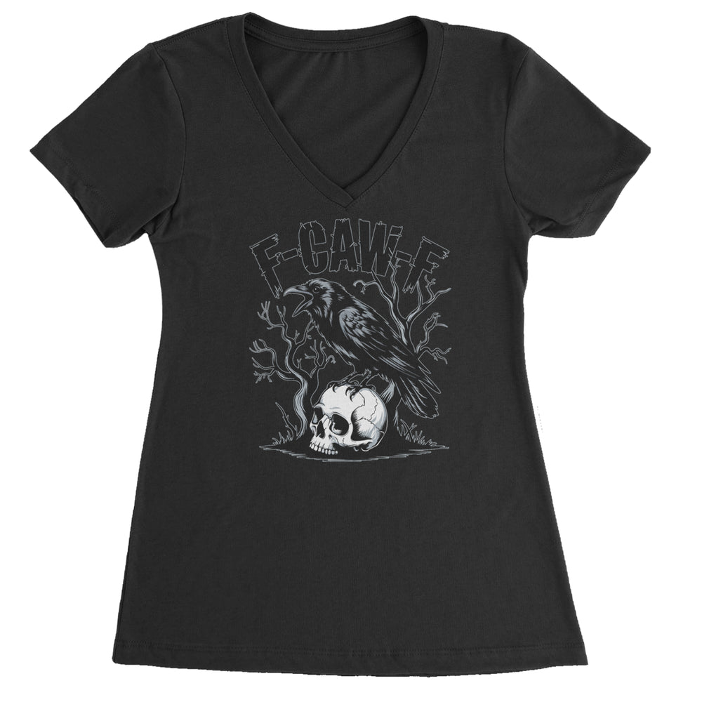 F-Caw-F Crow On Skull F-ck Off Gothic Ladies V-Neck T-shirt Black