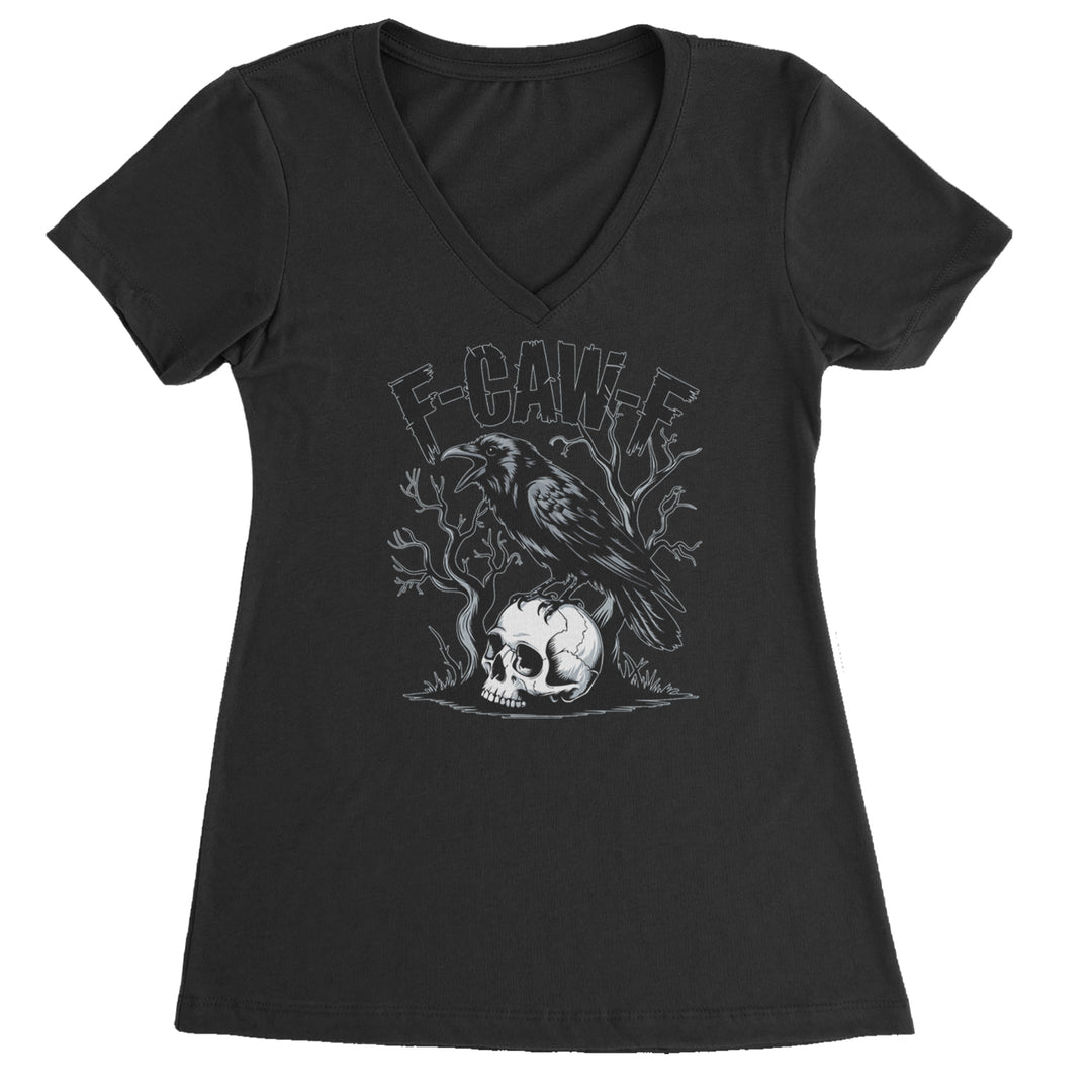 F-Caw-F Crow On Skull F-ck Off Gothic Ladies V-Neck T-shirt Black