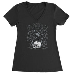 F-Caw-F Crow On Skull F-ck Off Gothic Ladies V-Neck T-shirt Black