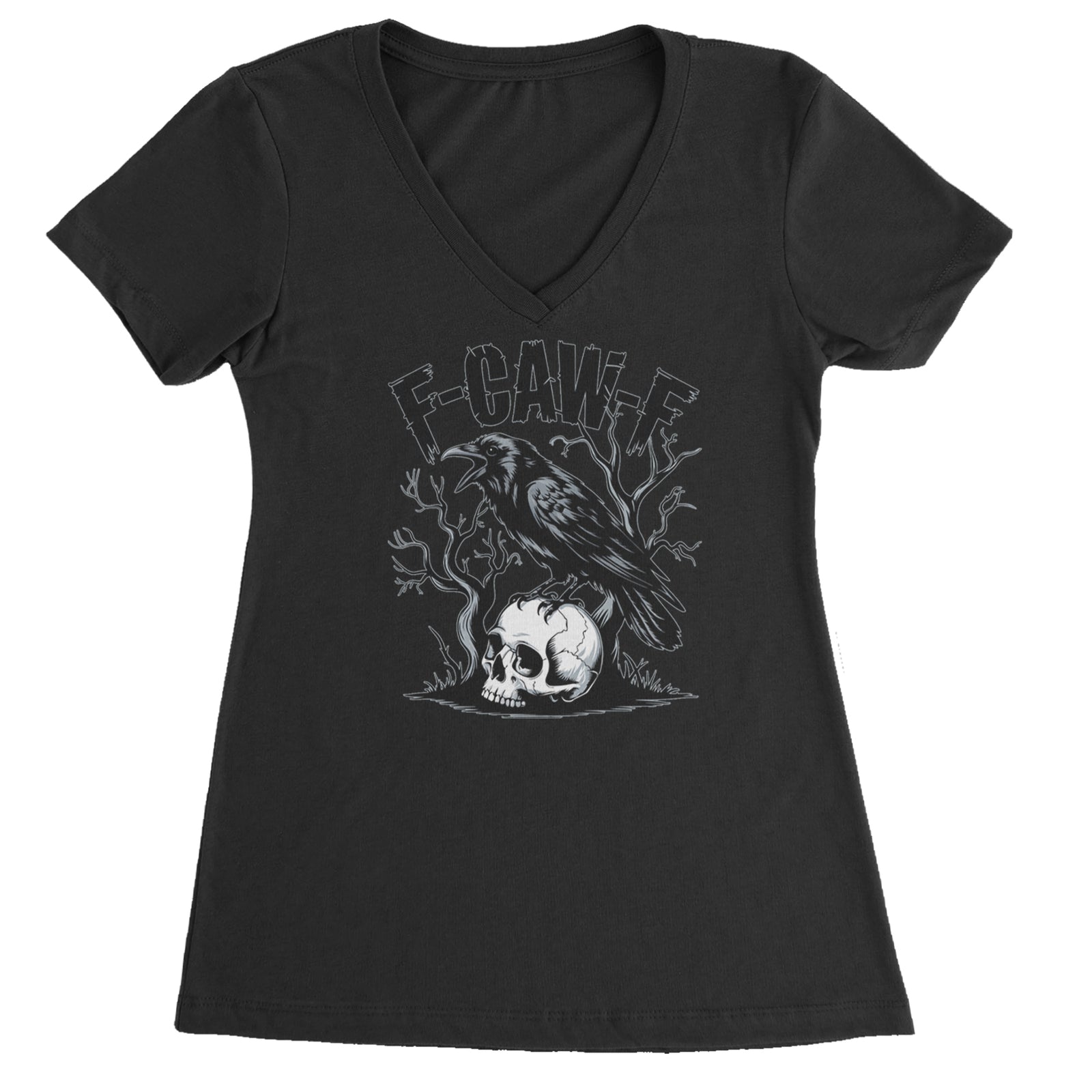 F-Caw-F Crow On Skull F-ck Off Gothic Ladies V-Neck T-shirt Light Pink