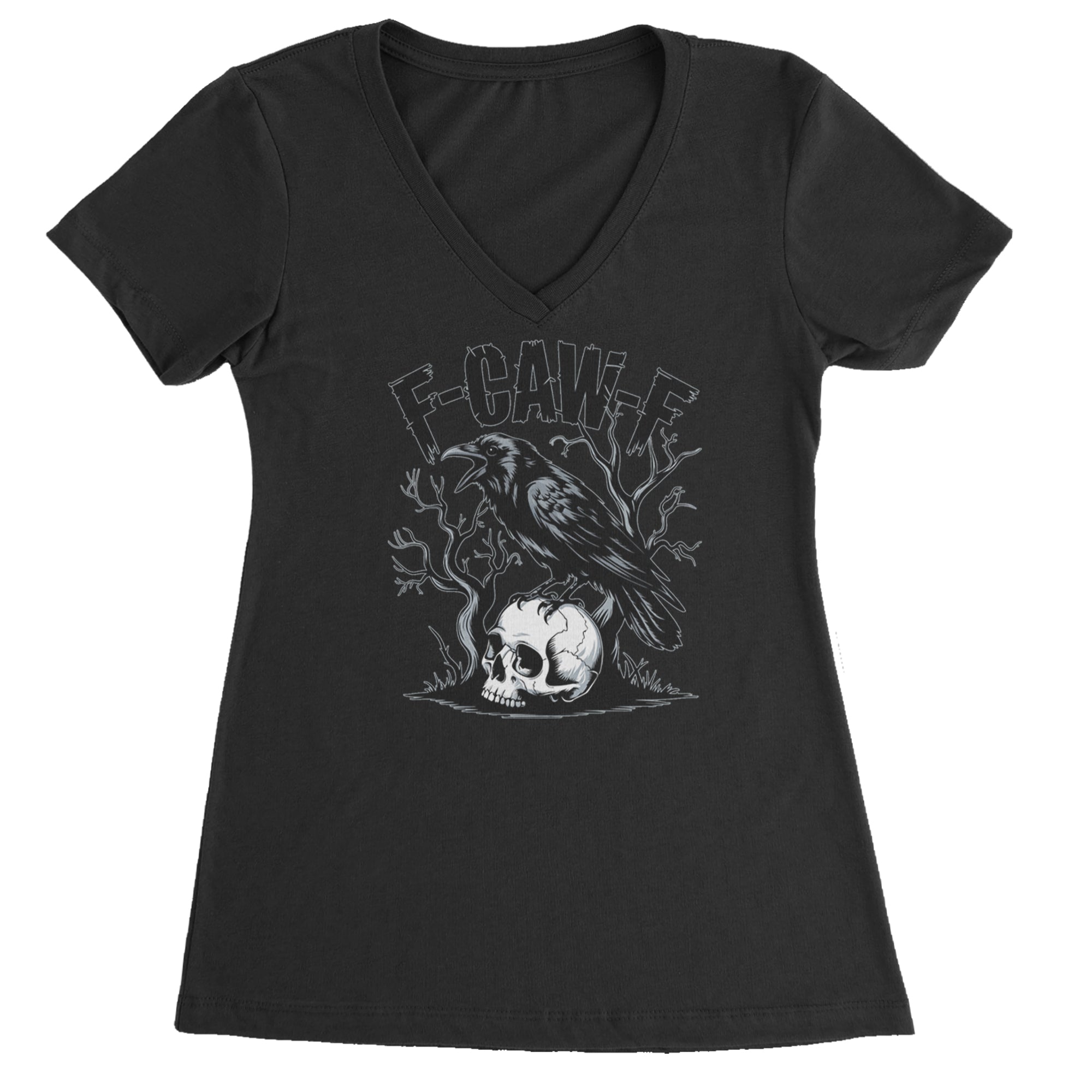 F-Caw-F Crow On Skull F-ck Off Gothic Ladies V-Neck T-shirt Black