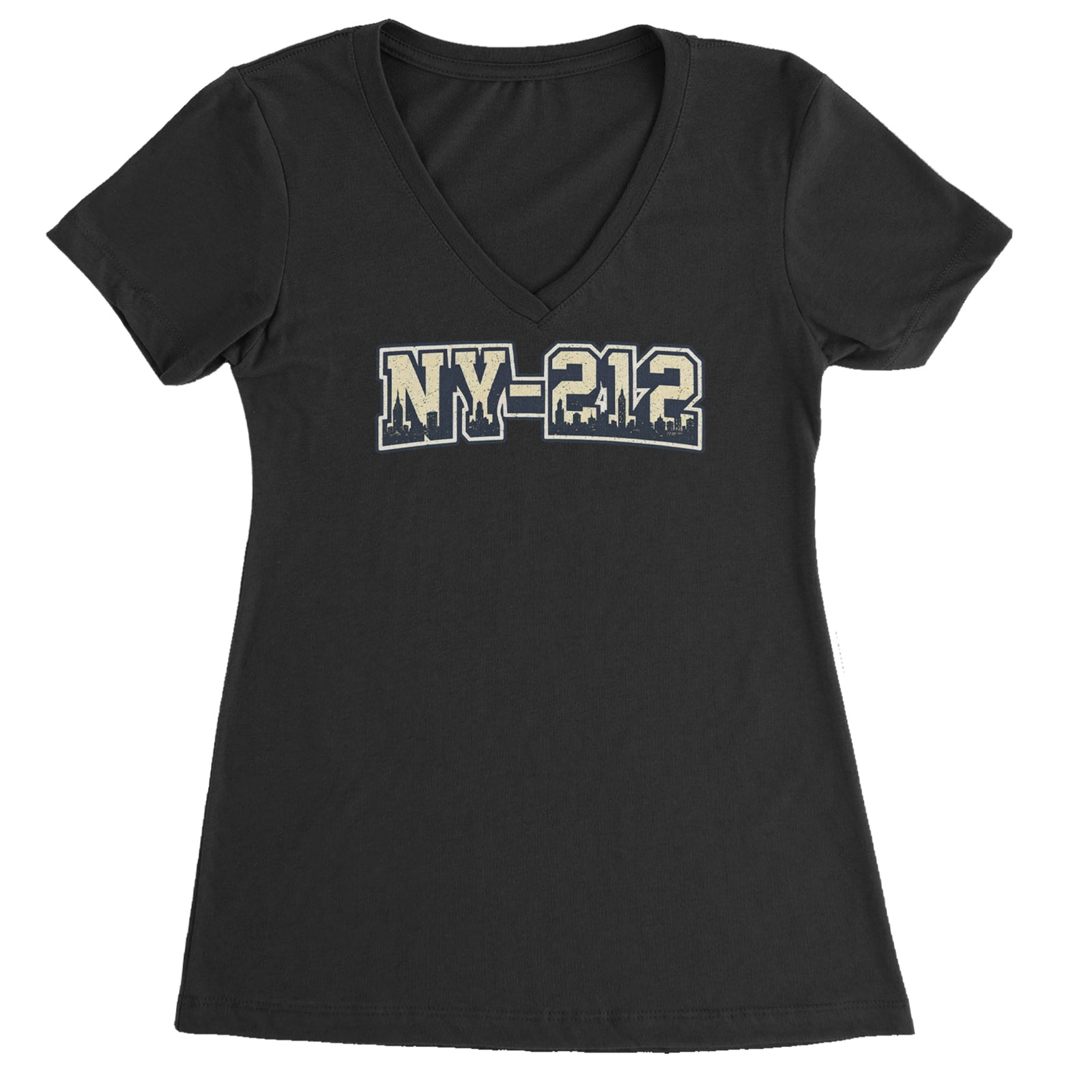 New York City 212 Area Code Skyline  Ladies V-Neck T-shirt Black