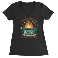 This Little Light of Mine Dumpster Fire Smile Face graphic on Women's Lightweight V-Neck T-Shirt