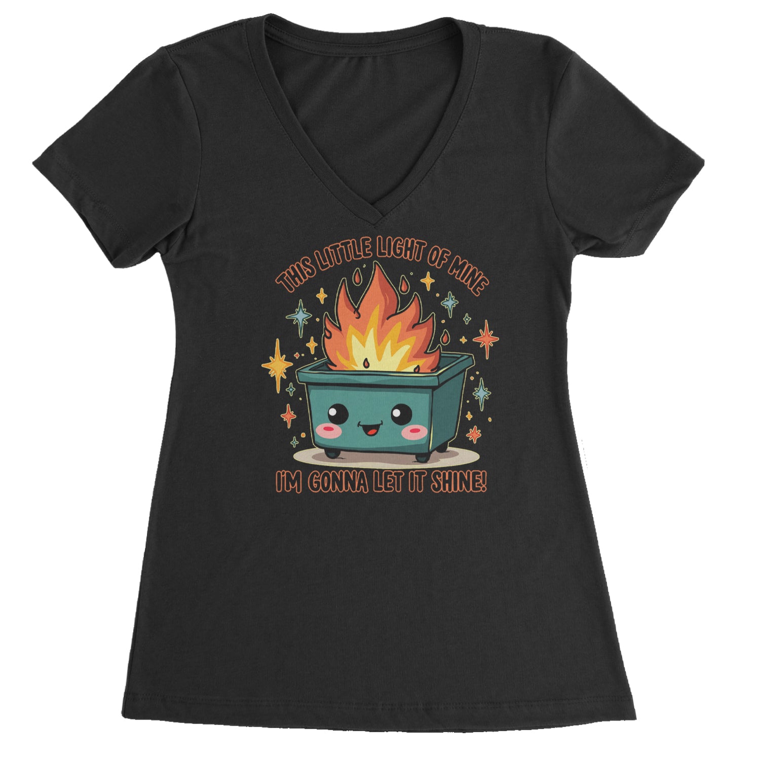 This Little Light of Mine Dumpster Fire Smile Face Ladies V-Neck T-shirt Black