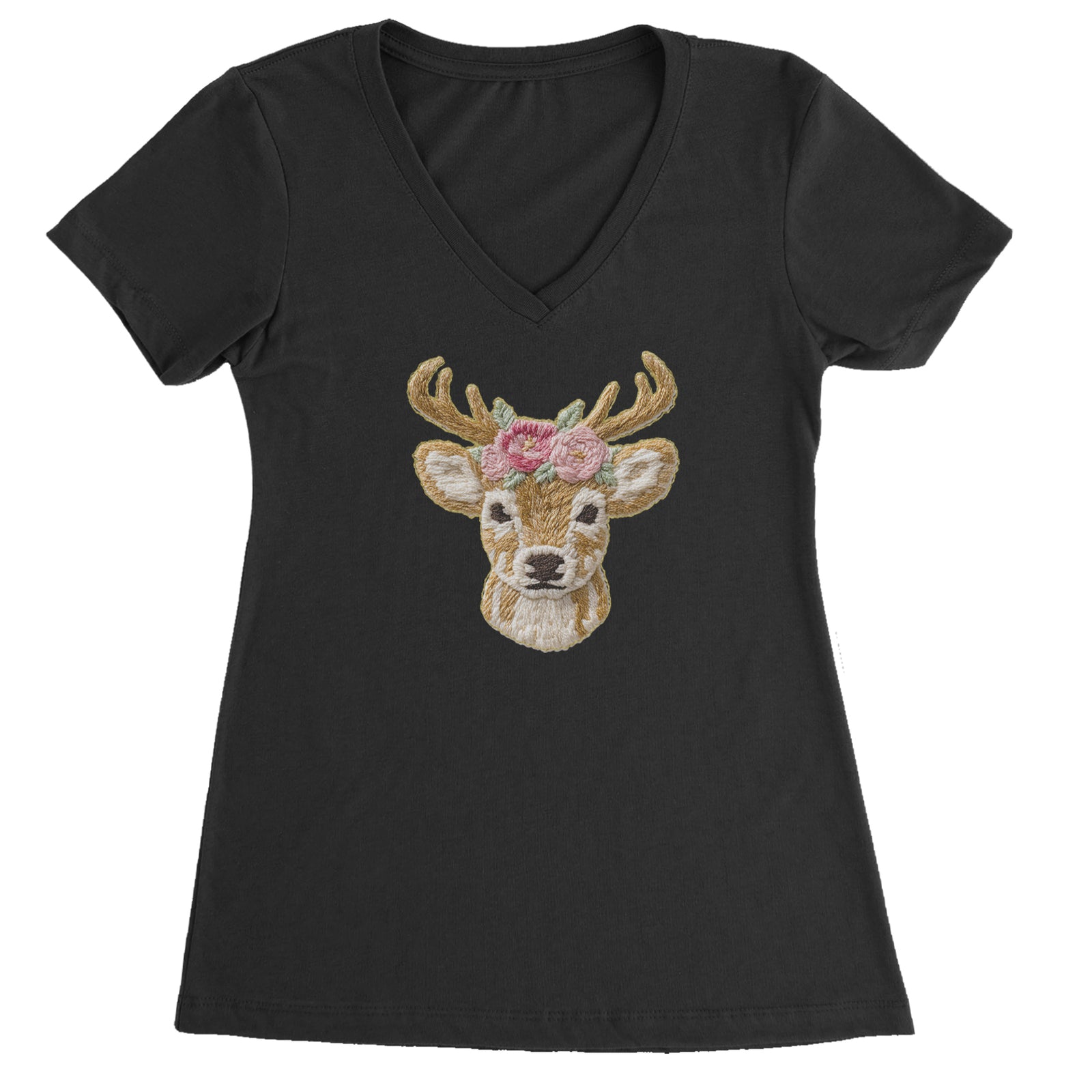 Vintage Reindeer Embroidery Art Soft Cottagecore Ladies V-Neck T-shirt Surf