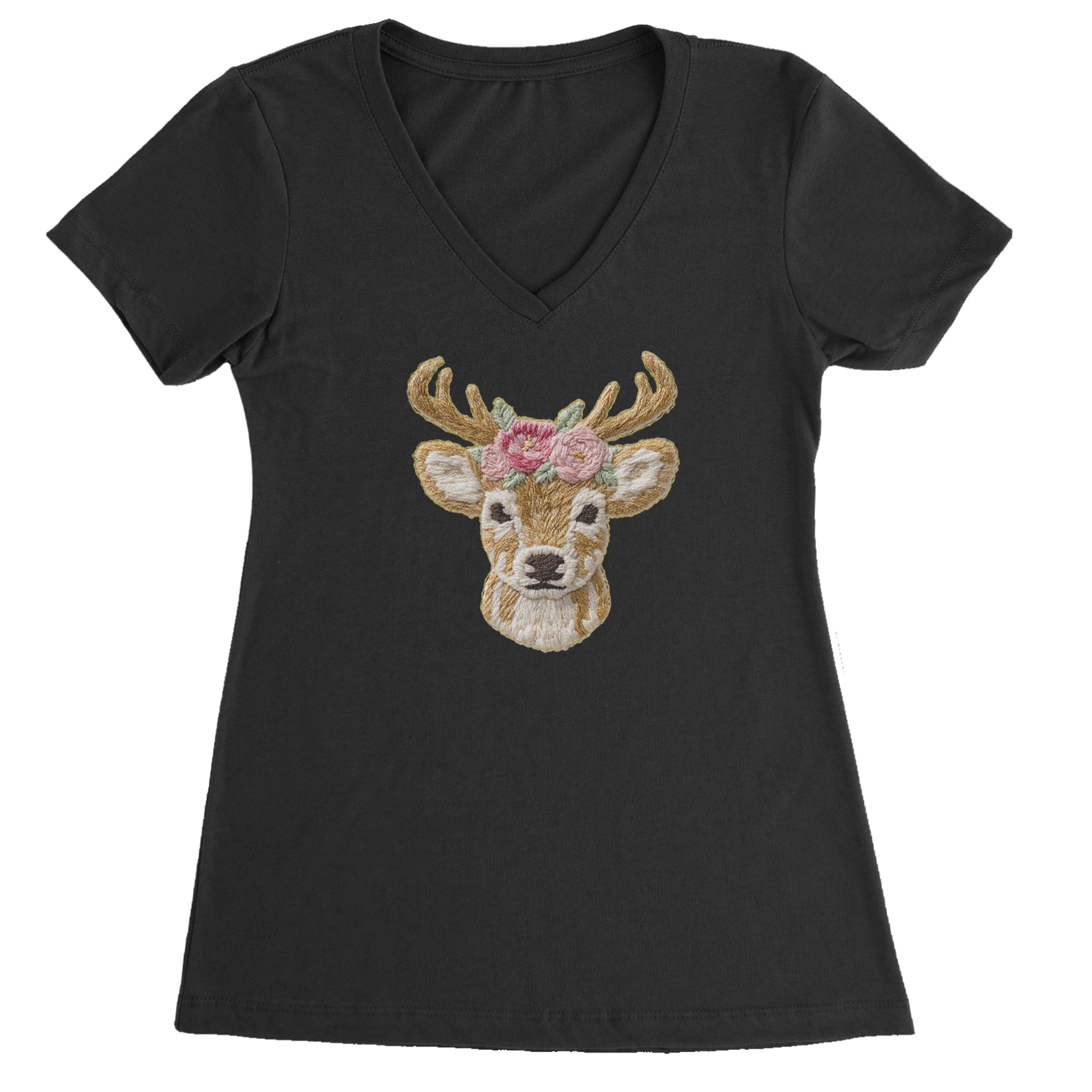 Vintage Reindeer Embroidery Art Soft Cottagecore Ladies V-Neck T-shirt Surf
