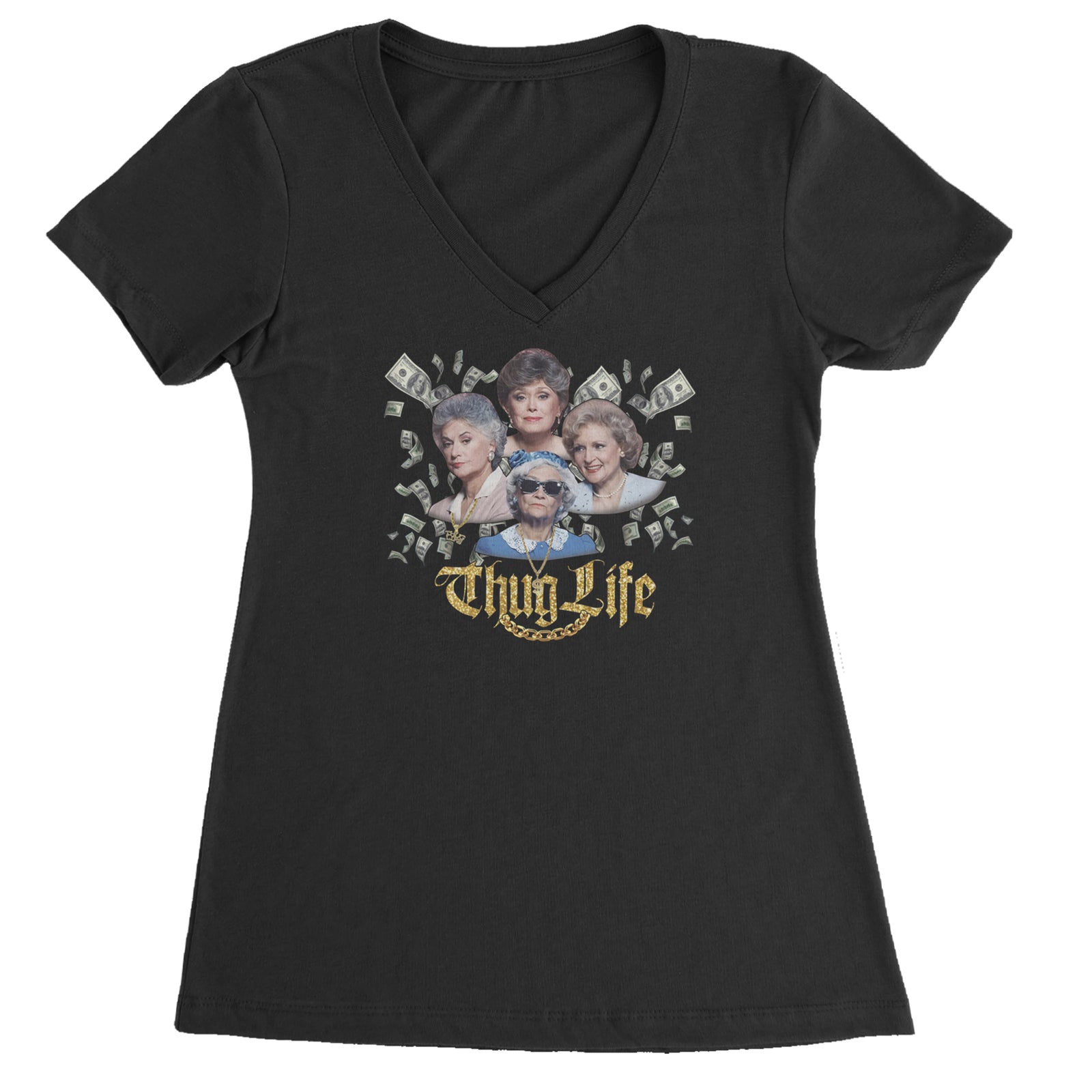 Golden Chain Thug Life Girls Ladies V-Neck T-shirt Black