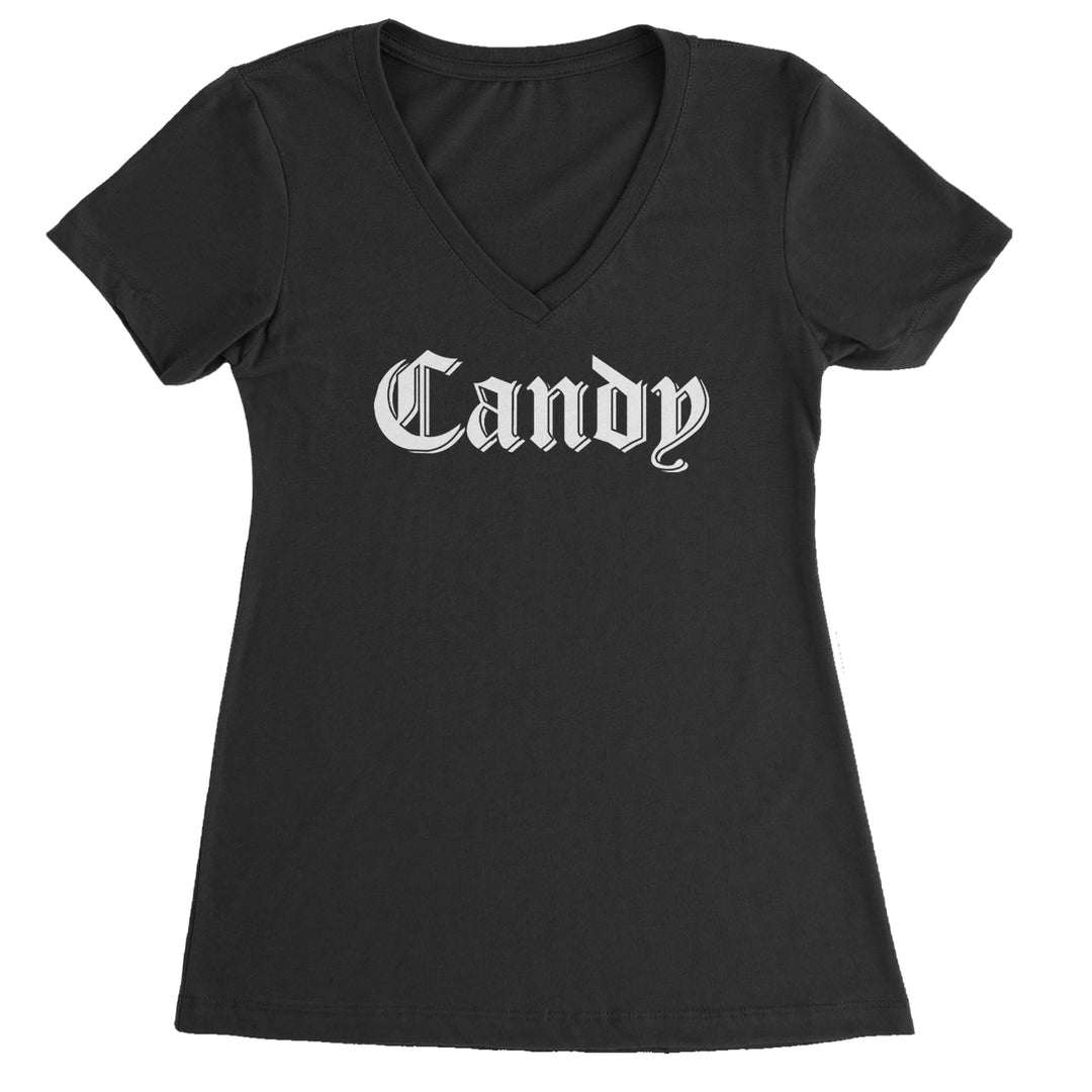 Old English "Candy" lettering on a Women's Lightweight V-Neck T-Shirt