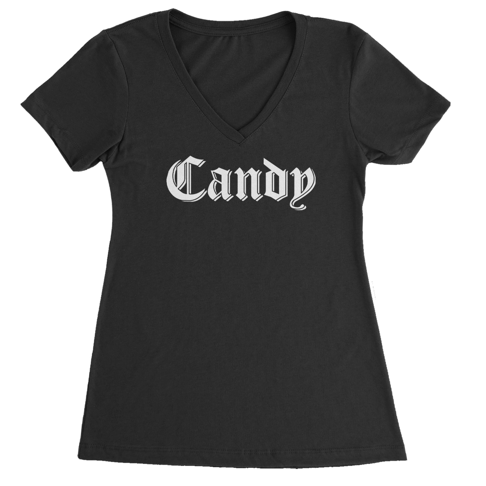 Candy Gothic Lettering Ladies V-Neck T-shirt Black