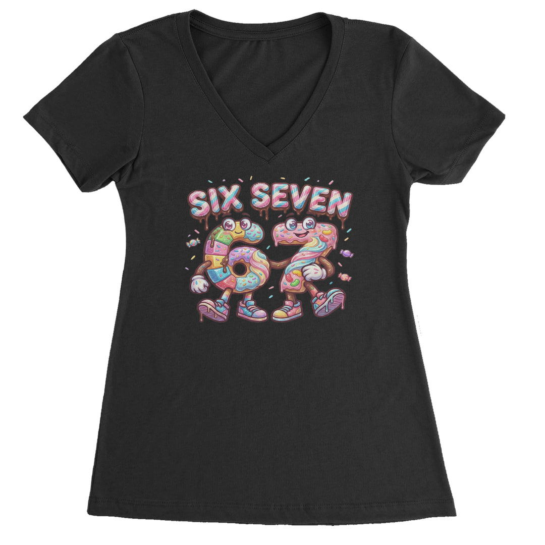 67 Candy Swirl Meme artwork with drippy chocolate letters and frosted 6 and 7 characters on a Women's Lightweight V-Neck T-Shirt