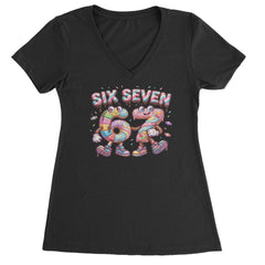 67 Candy Swirl Meme artwork with drippy chocolate letters and frosted 6 and 7 characters on a Women's Lightweight V-Neck T-Shirt