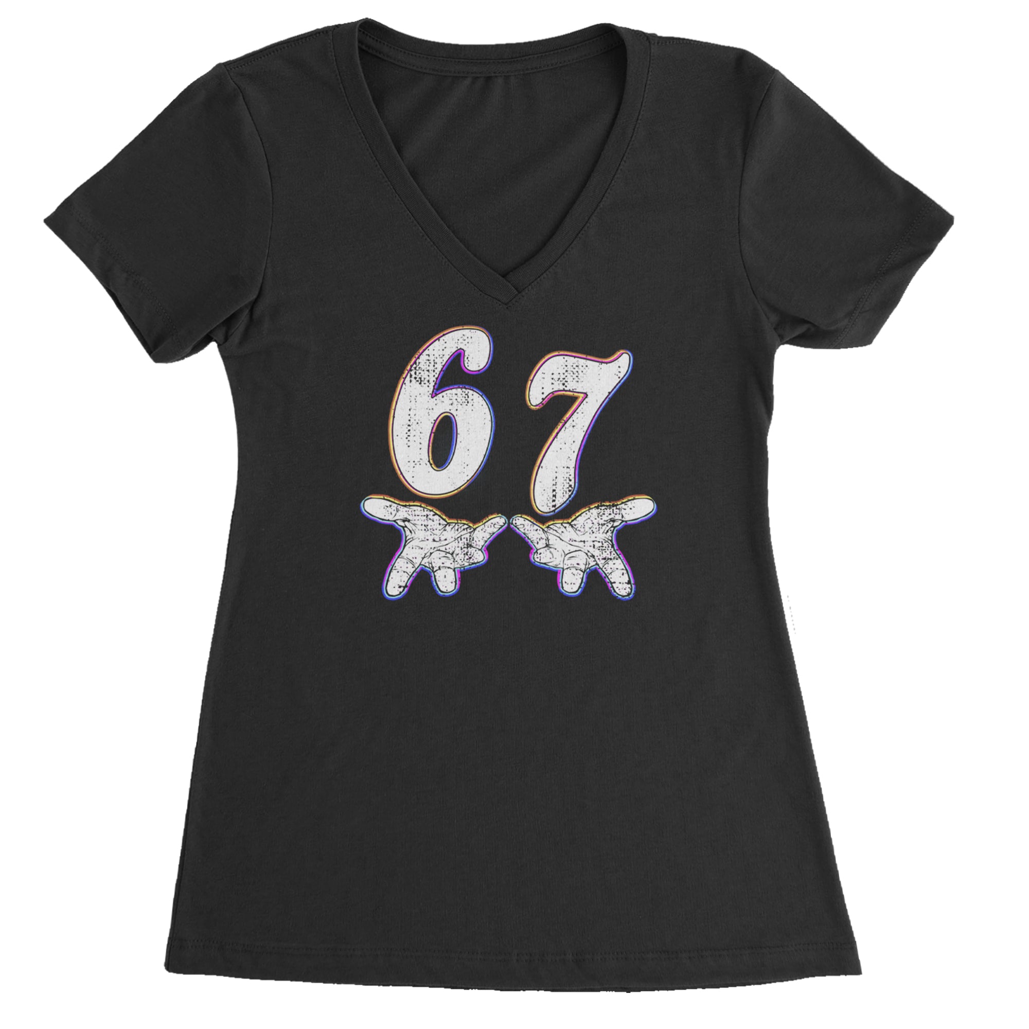 67 Hands Meme Viral Drill Ladies V-Neck T-shirt Black